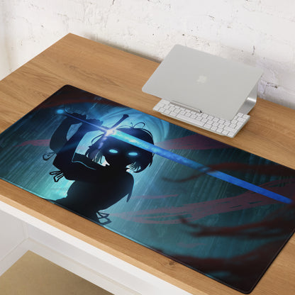 Blue Neon Gaming Mouse Pad For Desk Setup In Digital Art Style With Immersive Cyberpunk Mood And Large Extended Surface