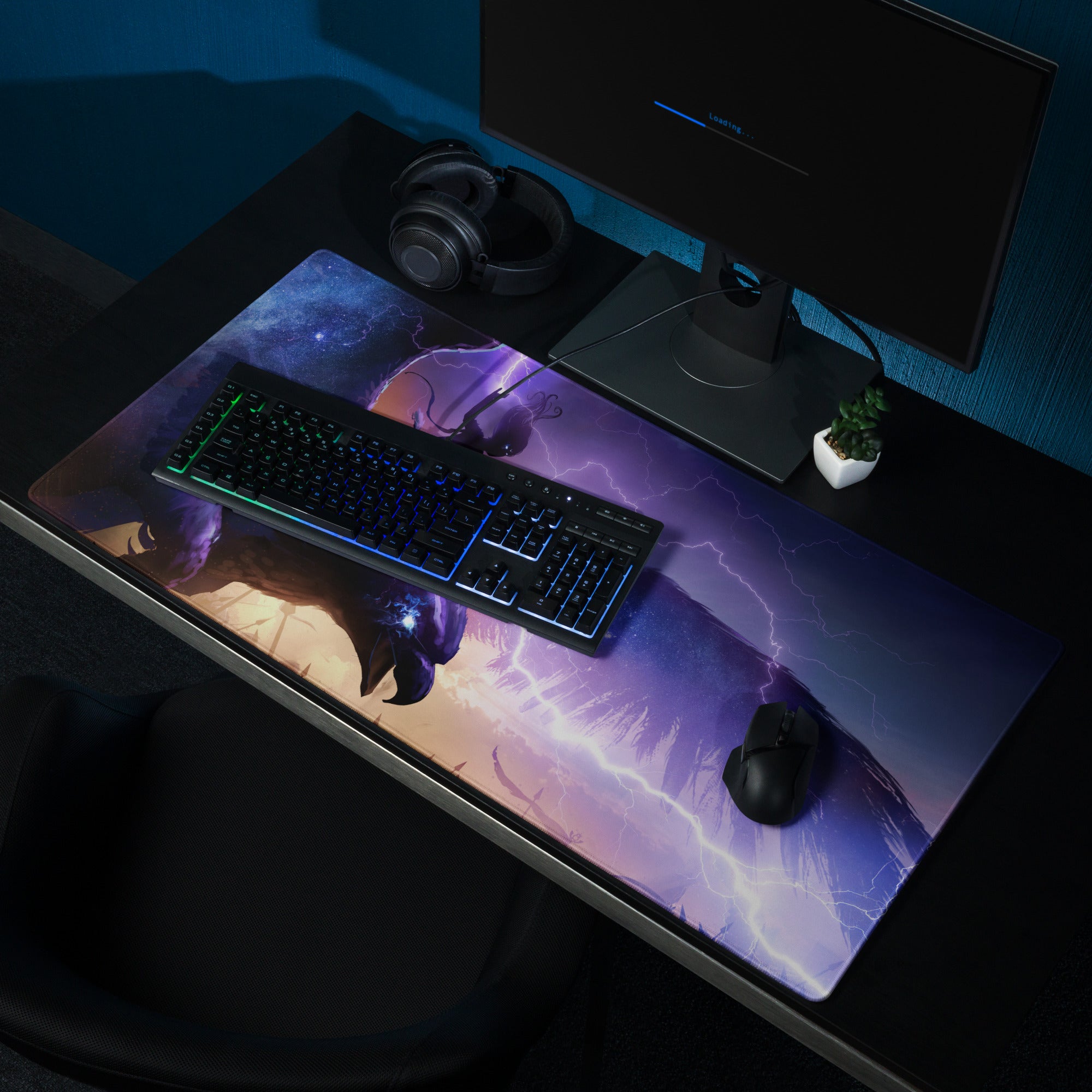 Gaming Mouse Pad Purple Blue Neon Fantasy Dragon Art for Gaming Desk Large Non Slip Edge Stitch