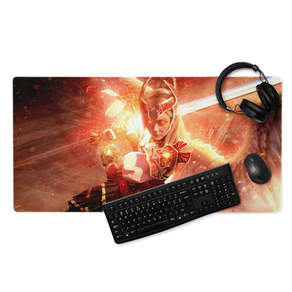 Gaming Mouse Pad Large Red Fiery Warrior Theme Desk Setup Non Slip Base Edge Stitching Epic Mood