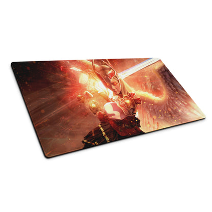 Gaming Mouse Pad Large Red Fiery Warrior Theme Desk Setup Non Slip Base Edge Stitching Epic Mood