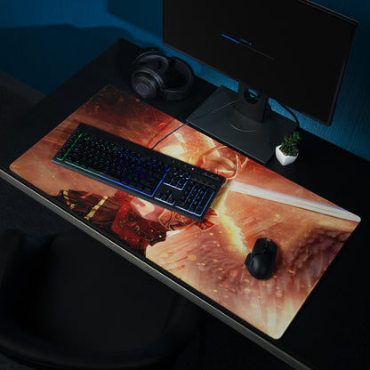 Gaming Mouse Pad Large Red Fiery Warrior Theme Desk Setup Non Slip Base Edge Stitching Epic Mood