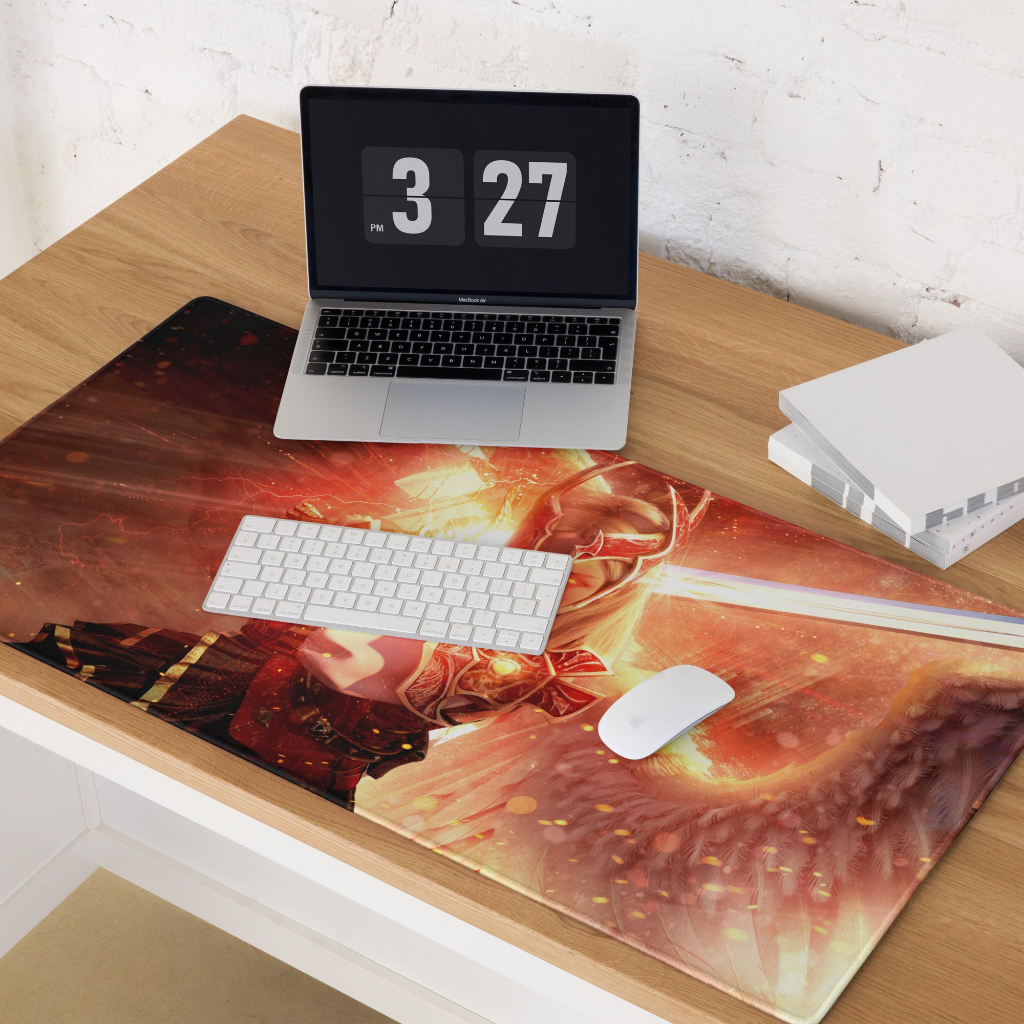 Gaming Mouse Pad Large Red Fiery Warrior Theme Desk Setup Non Slip Base Edge Stitching Epic Mood