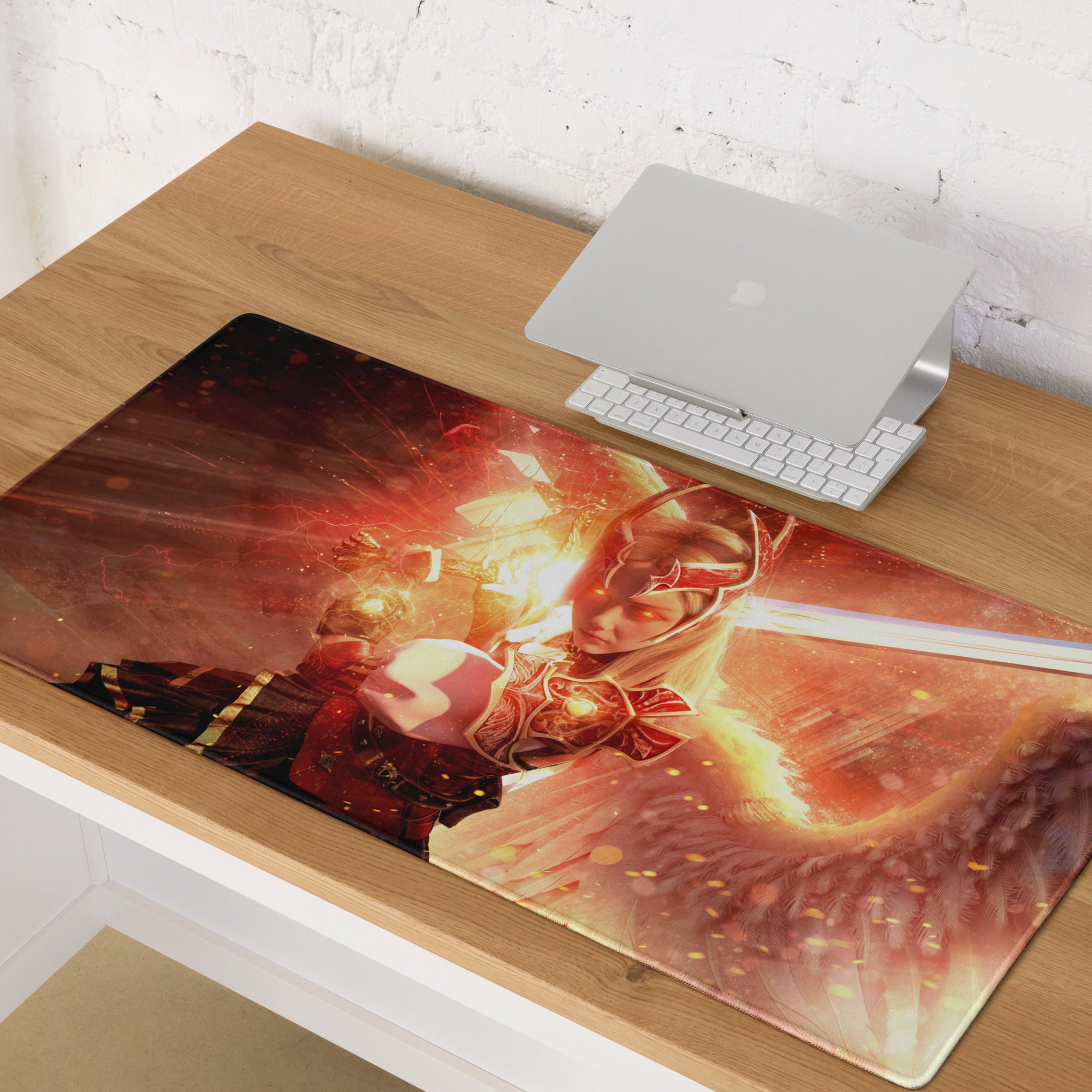 Gaming Mouse Pad Large Red Fiery Warrior Theme Desk Setup Non Slip Base Edge Stitching Epic Mood