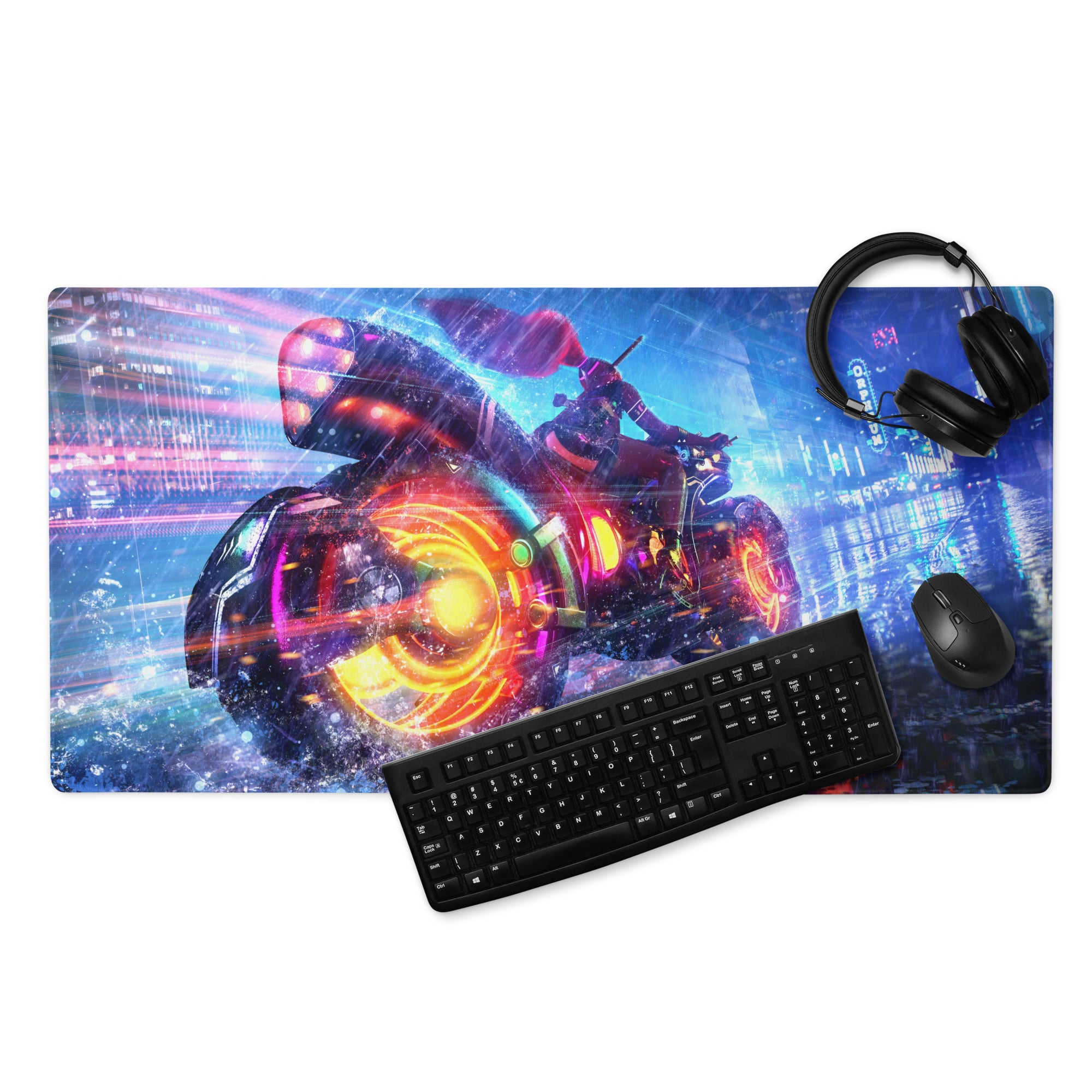 Gaming Mouse Pad Neon Blue Purple Pink For Desk Setup Cyberpunk Style Non Slip Edge Stitch HD Print