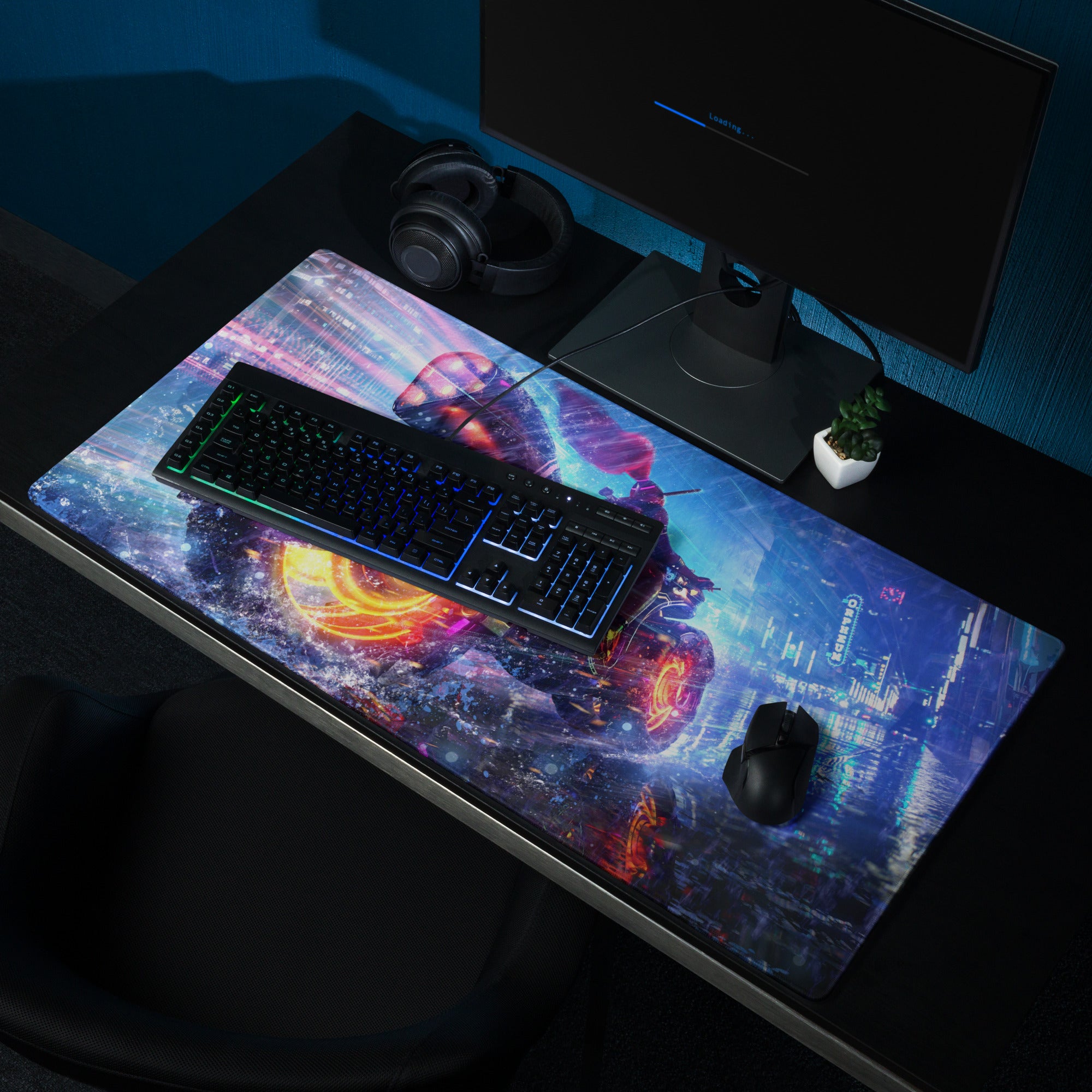 Gaming Mouse Pad Neon Blue Purple Pink For Desk Setup Cyberpunk Style Non Slip Edge Stitch HD Print