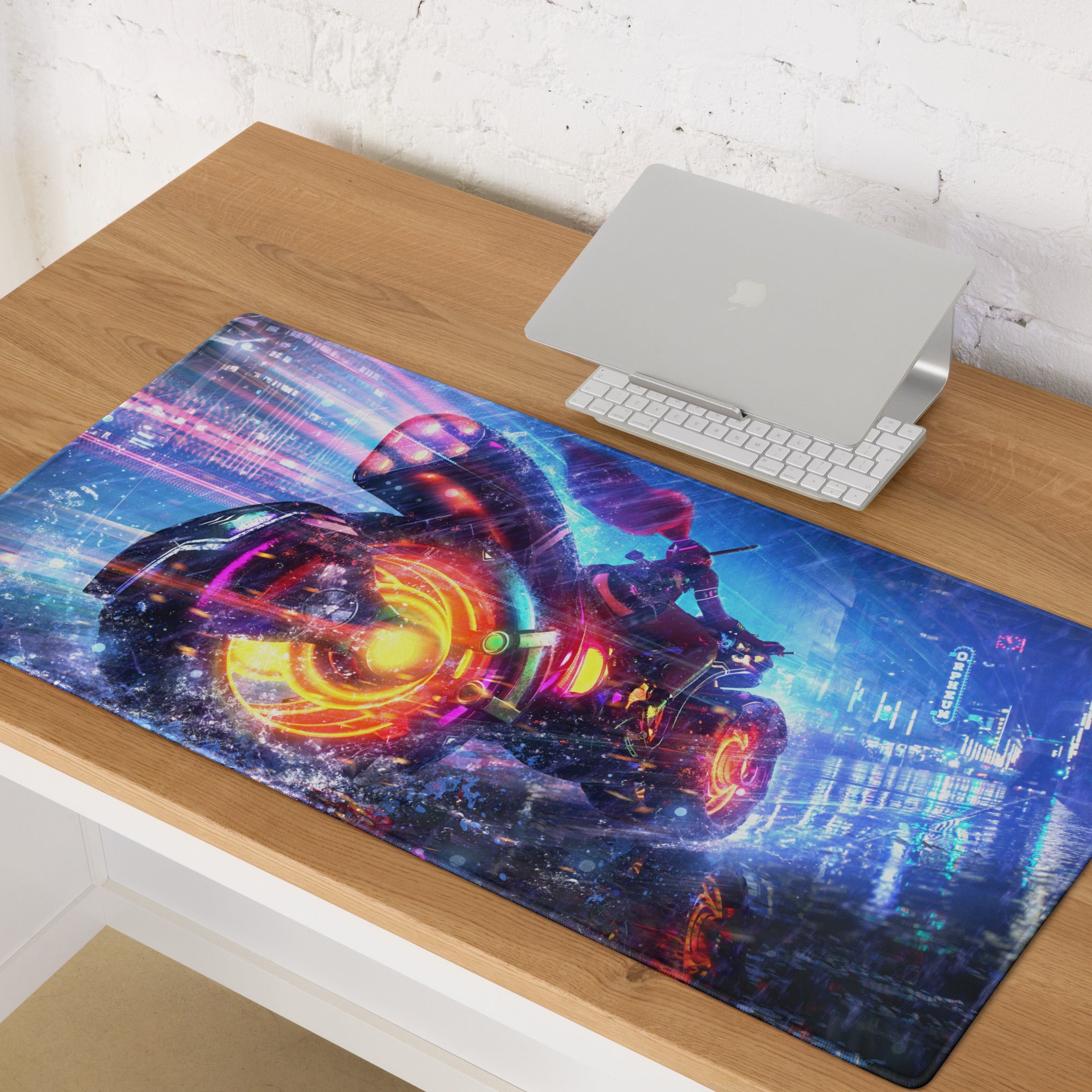 Gaming Mouse Pad Neon Blue Purple Pink For Desk Setup Cyberpunk Style Non Slip Edge Stitch HD Print