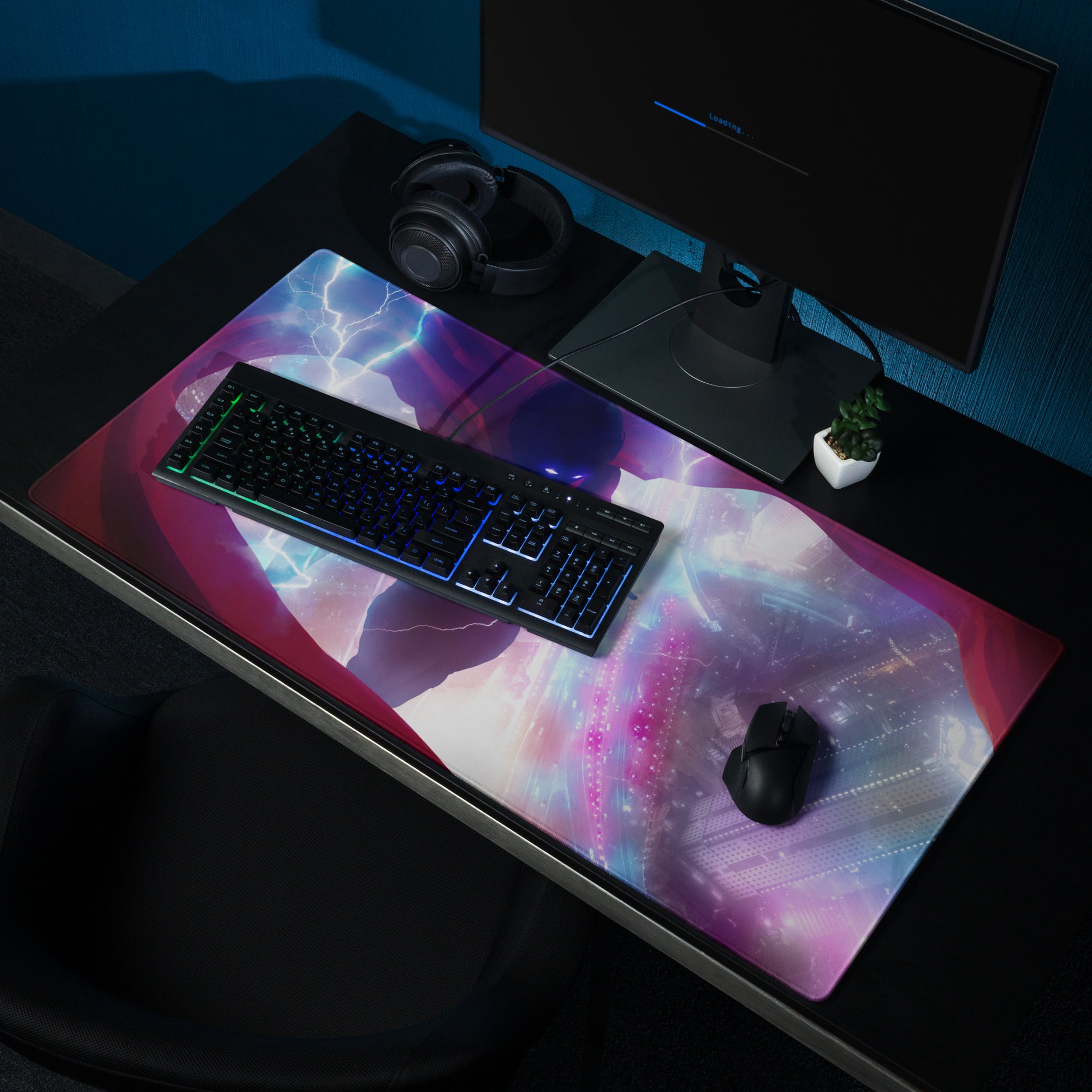 Gaming Mouse Pad Purple Blue Neon Lightning Cyberpunk Desk Mat For Gaming Setup Non Slip Surface