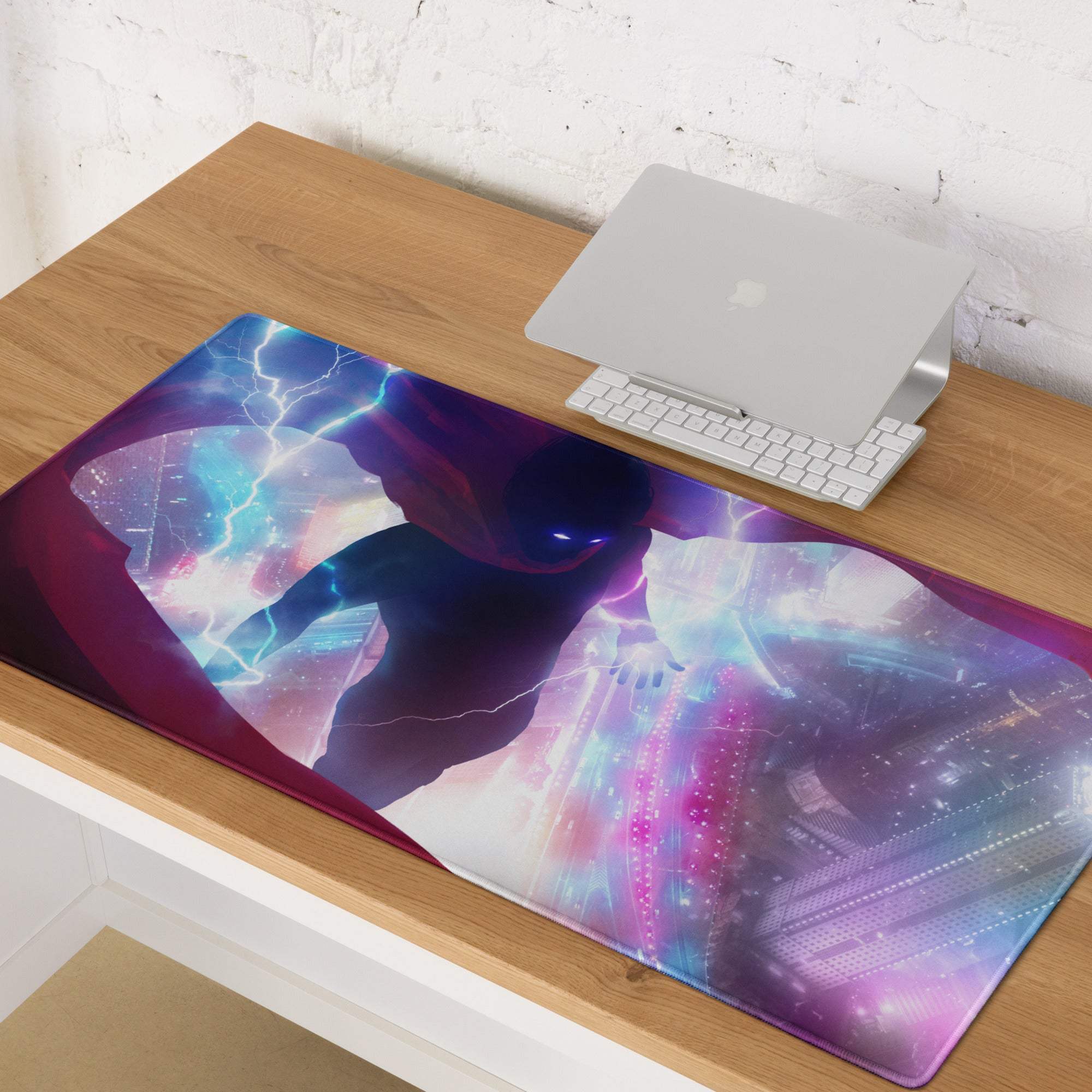 Vibrant neon hero cyberpunk gaming mousepad with dynamic silhouette and swirling purple pink teal nebulae design