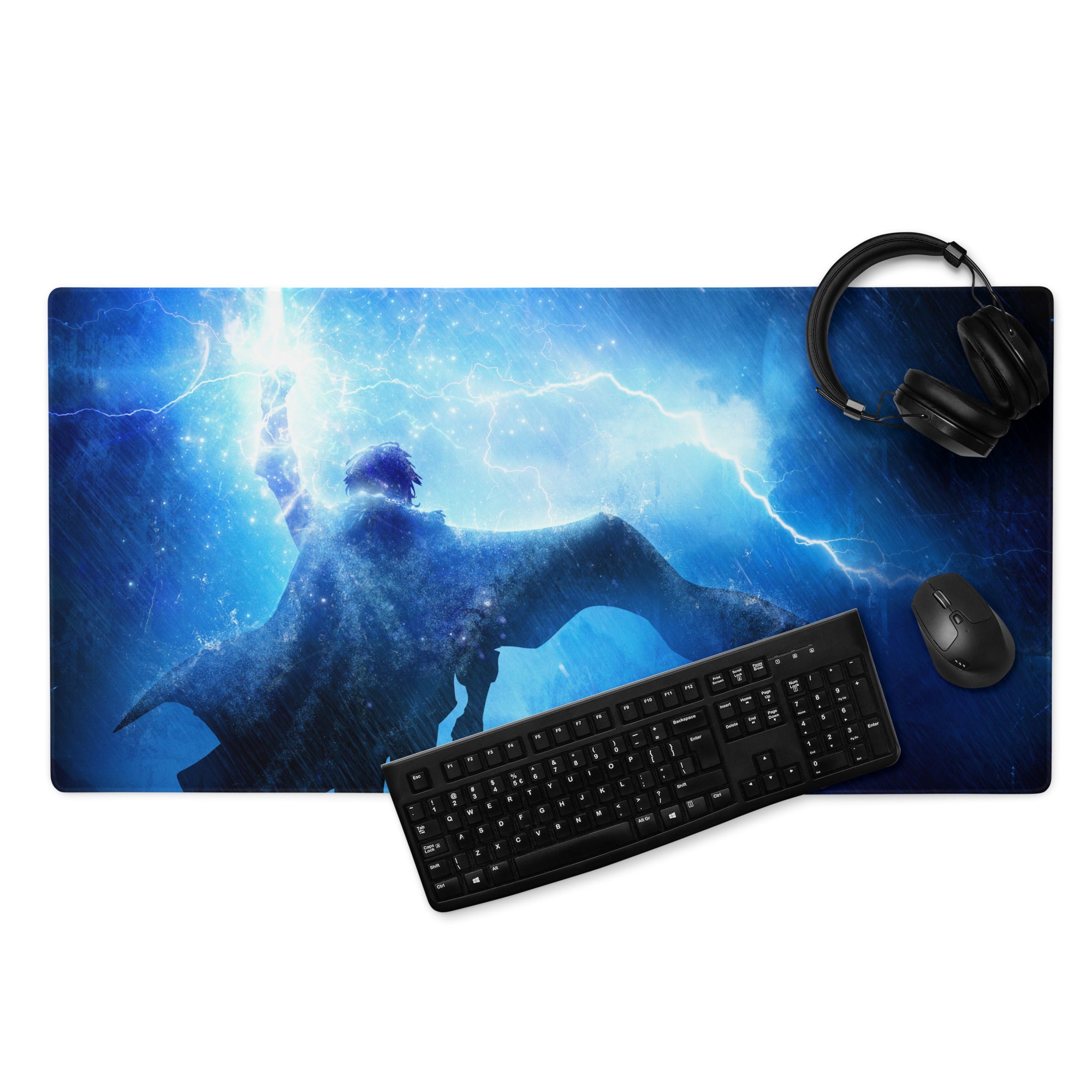 Blue Lightning Gaming Mouse Pad for Desktop Setup, Large Non Slip Edge, Neon Hero Artwork
