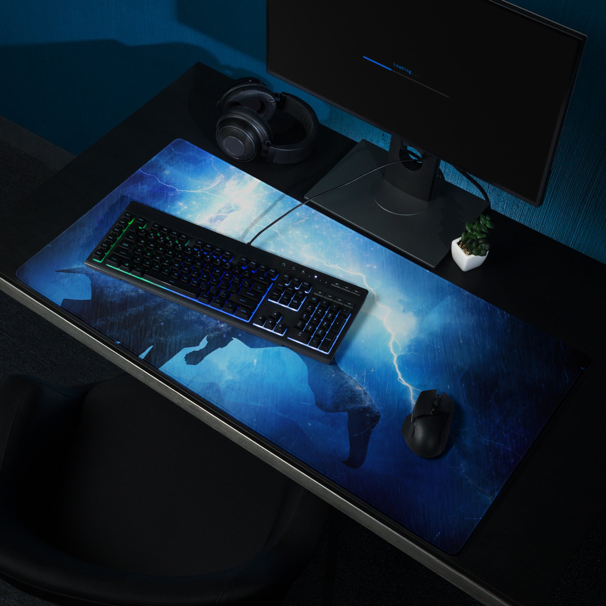 Blue Lightning Gaming Mouse Pad for Desktop Setup, Large Non Slip Edge, Neon Hero Artwork