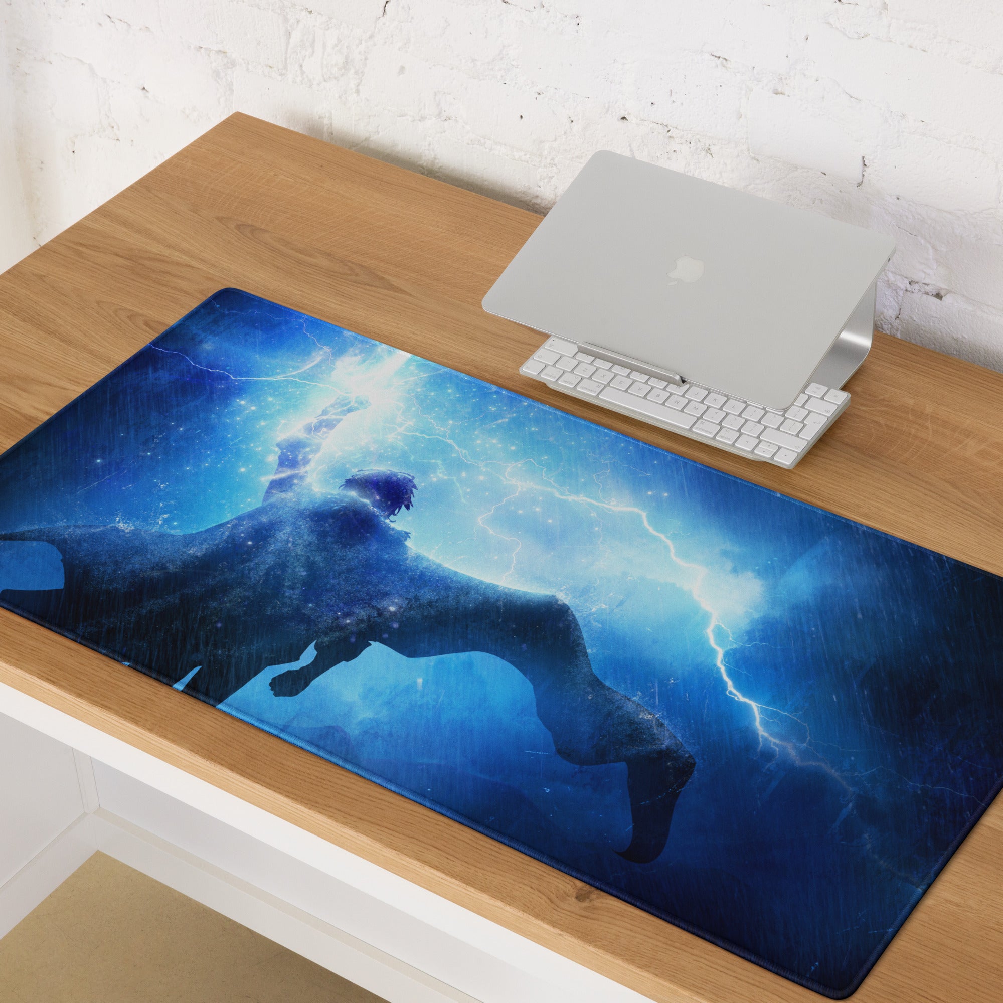 Blue Lightning Gaming Mouse Pad for Desktop Setup, Large Non Slip Edge, Neon Hero Artwork