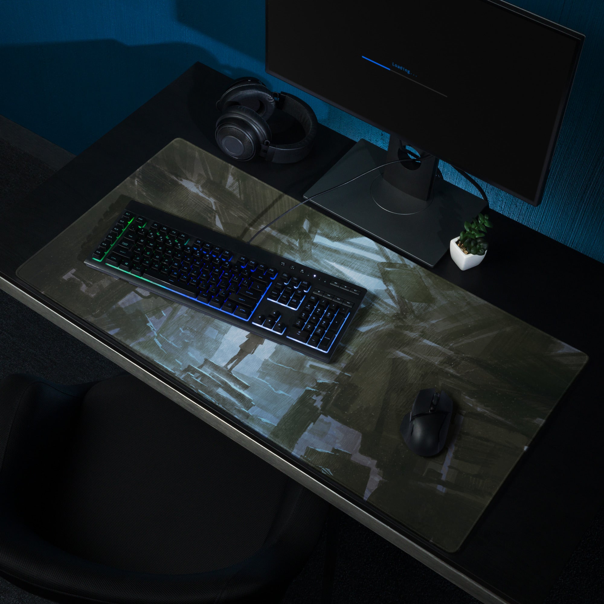Gaming Mouse Pad Blue And Black With Yellow Umbrella Artwork For Desk Setup Modern Abstract Style