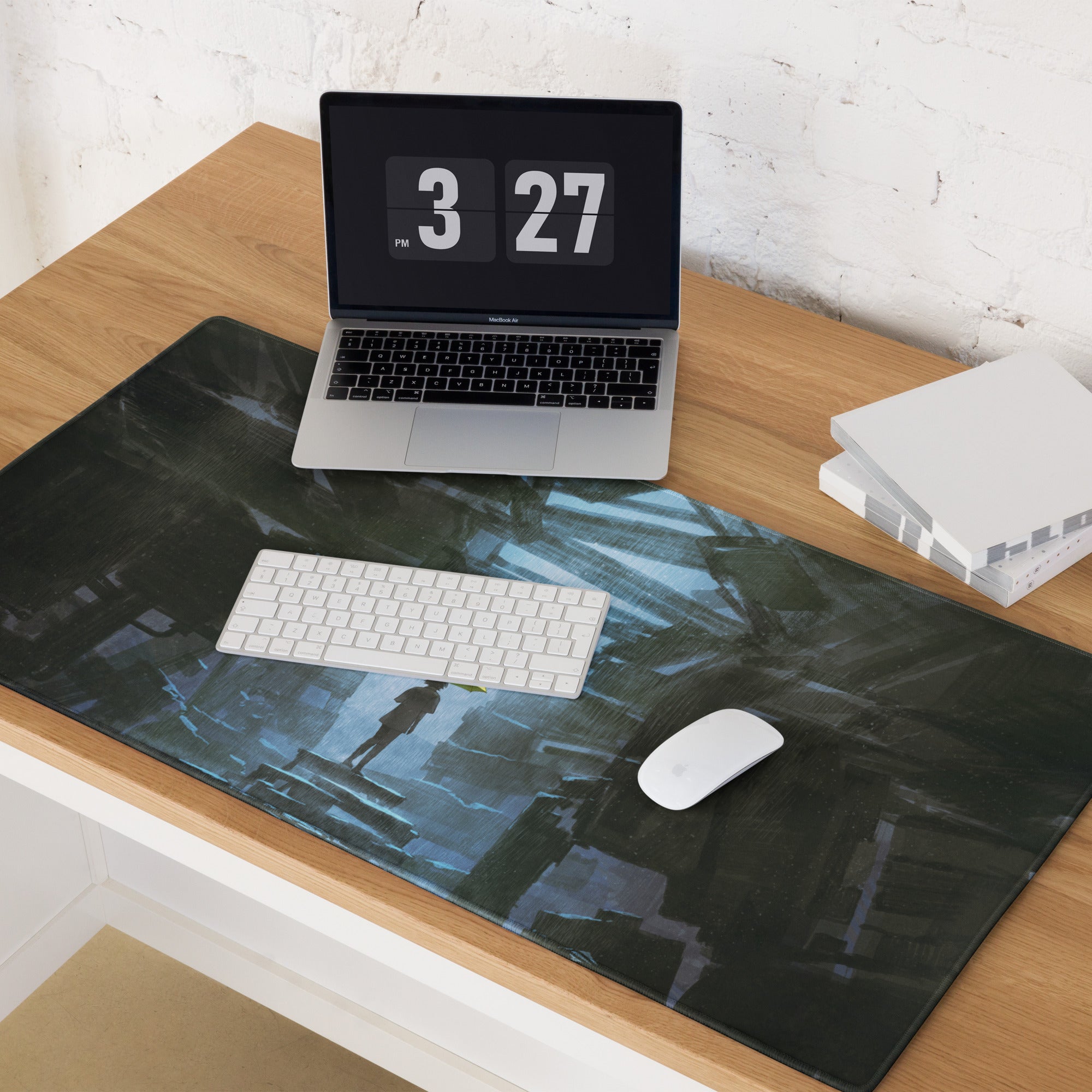 Gaming Mouse Pad Blue And Black With Yellow Umbrella Artwork For Desk Setup Modern Abstract Style