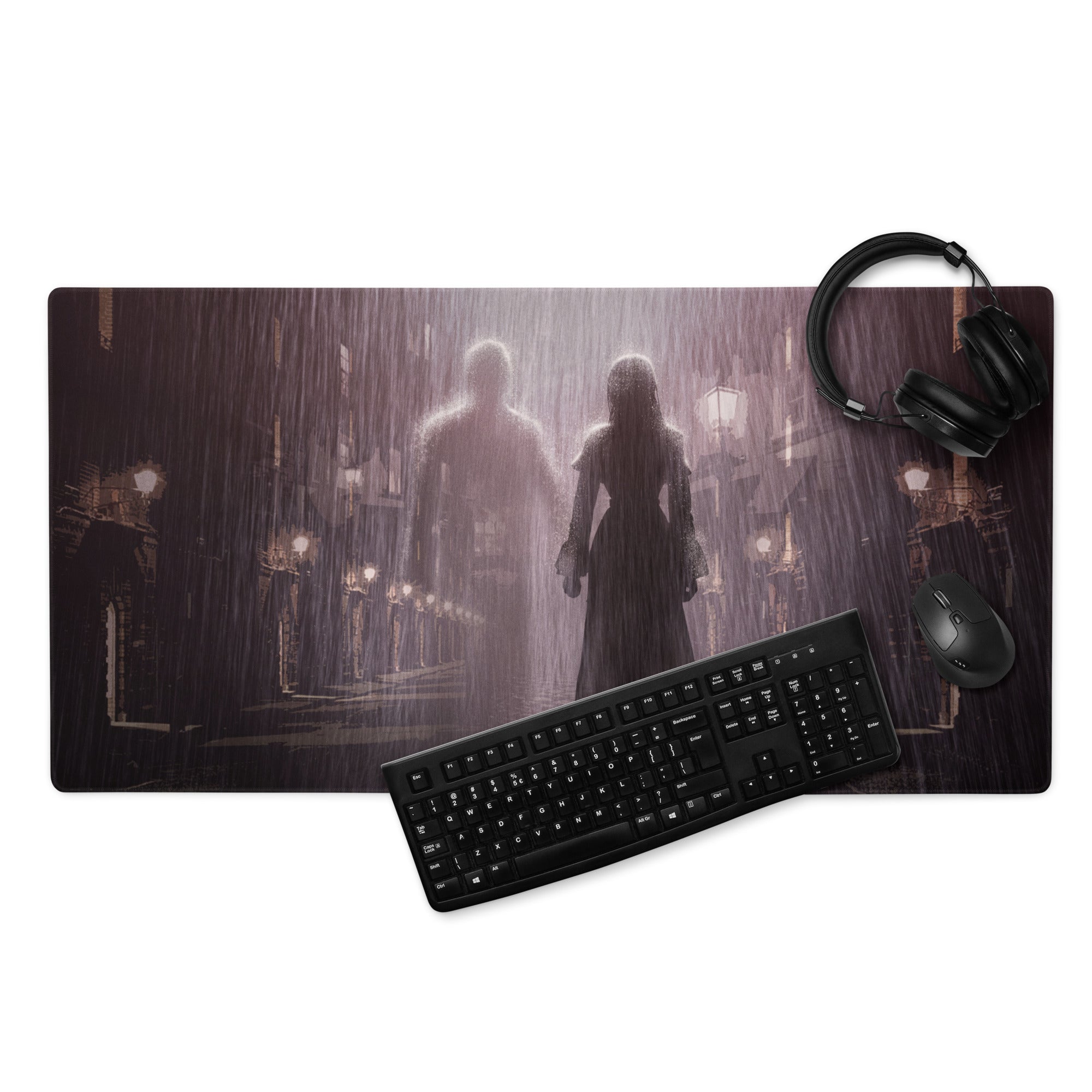 Dark Purple Gray Rainy City Noir Gaming Mouse Pad For Desktop Setup With Large Size And Non Slip Edges