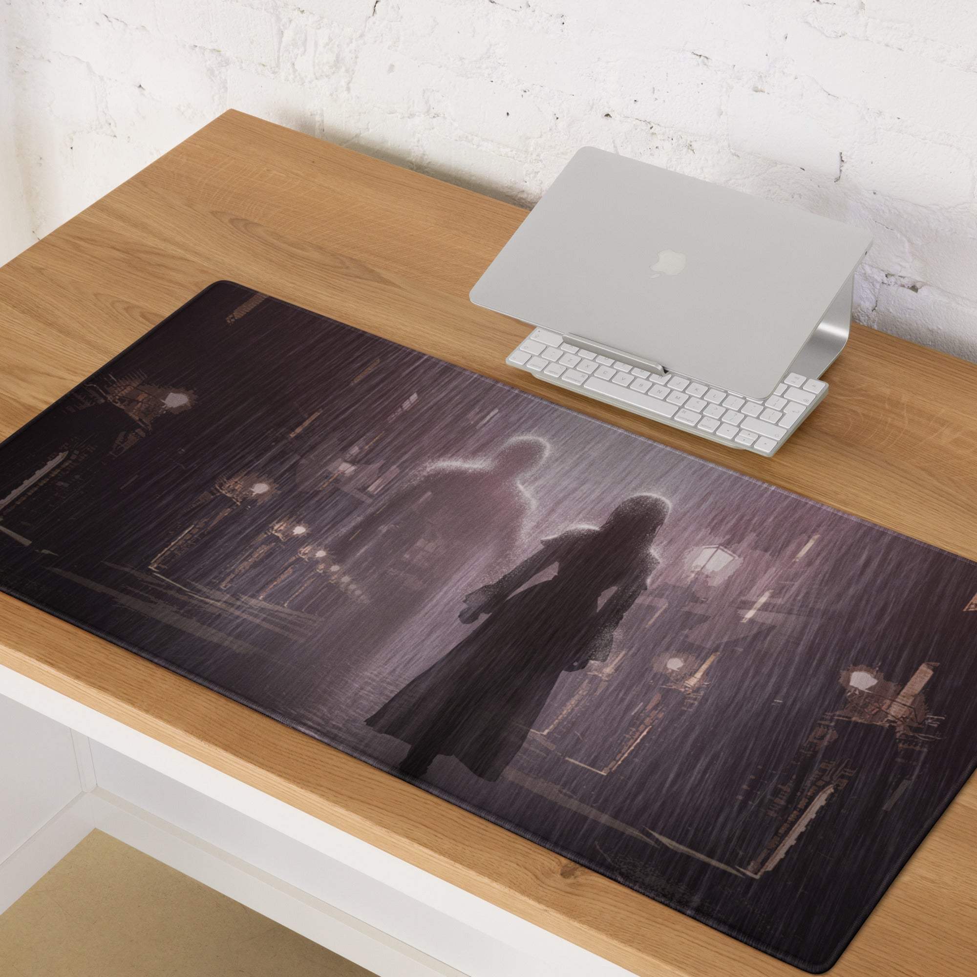 Dark purple gray polyester gaming mouse pad with moody rain-soaked cityscape and glowing streetlights noir rain city design