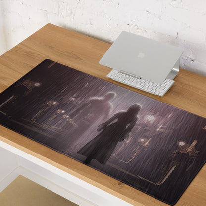 Dark Purple Gray Rainy City Noir Gaming Mouse Pad For Desktop Setup With Large Size And Non Slip Edges