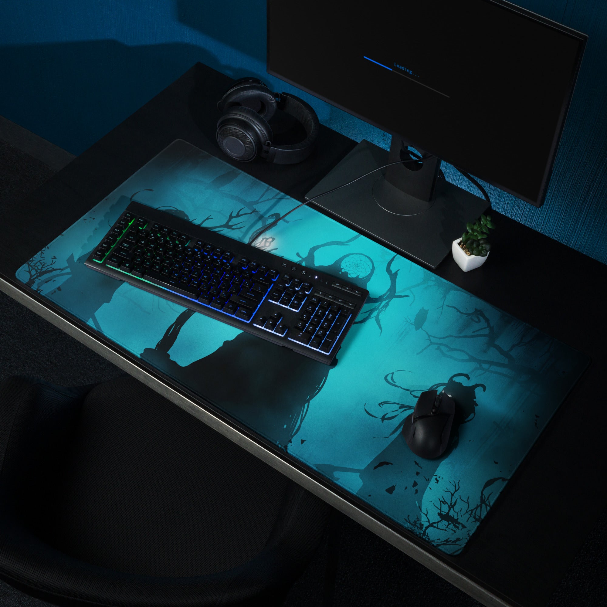 Gaming Mouse Pad Large Blue Black For Gaming Desk Setup Silhouette Dark Fantasy Digital Art