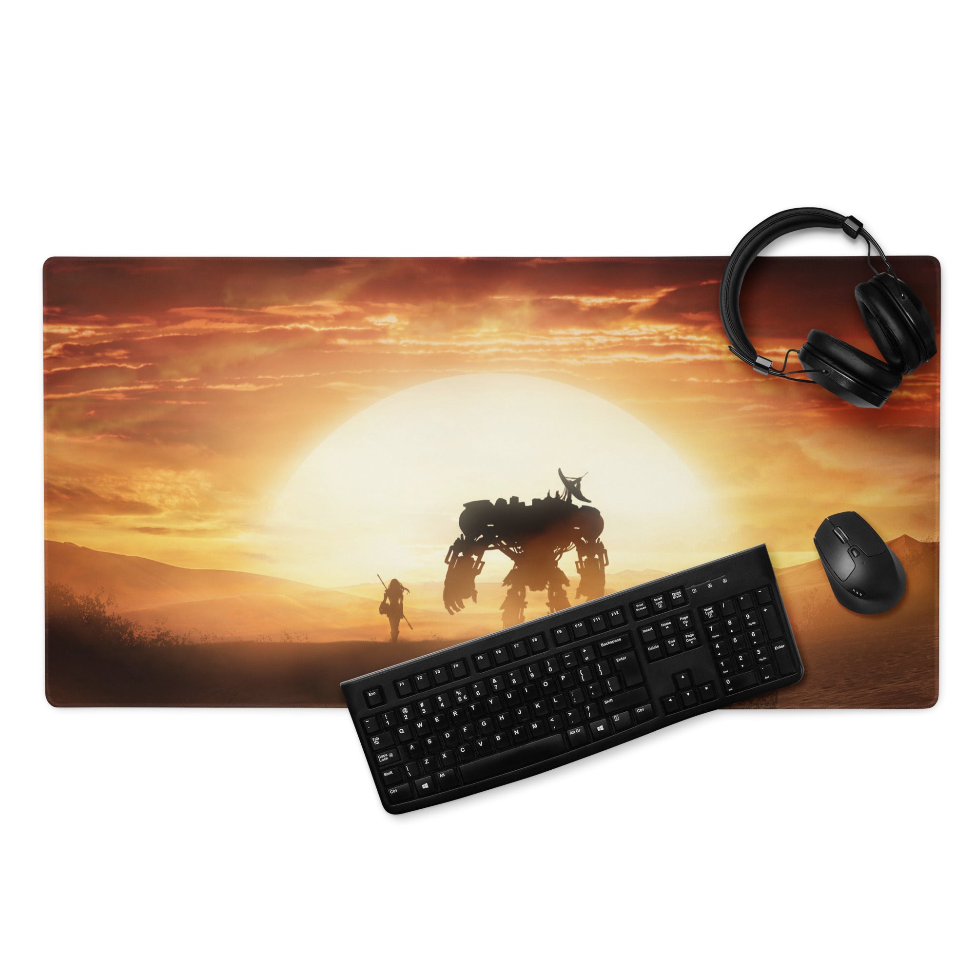 Desert Sunset Mecha Gaming Mouse Pad In Warm Orange Browns For Desktop Setup Cinematic Sci Fi Style