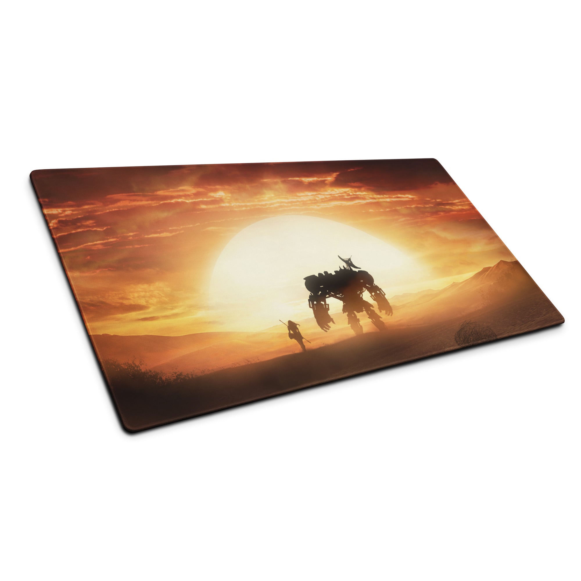 Desert Sunset Mecha Gaming Mouse Pad In Warm Orange Browns For Desktop Setup Cinematic Sci Fi Style
