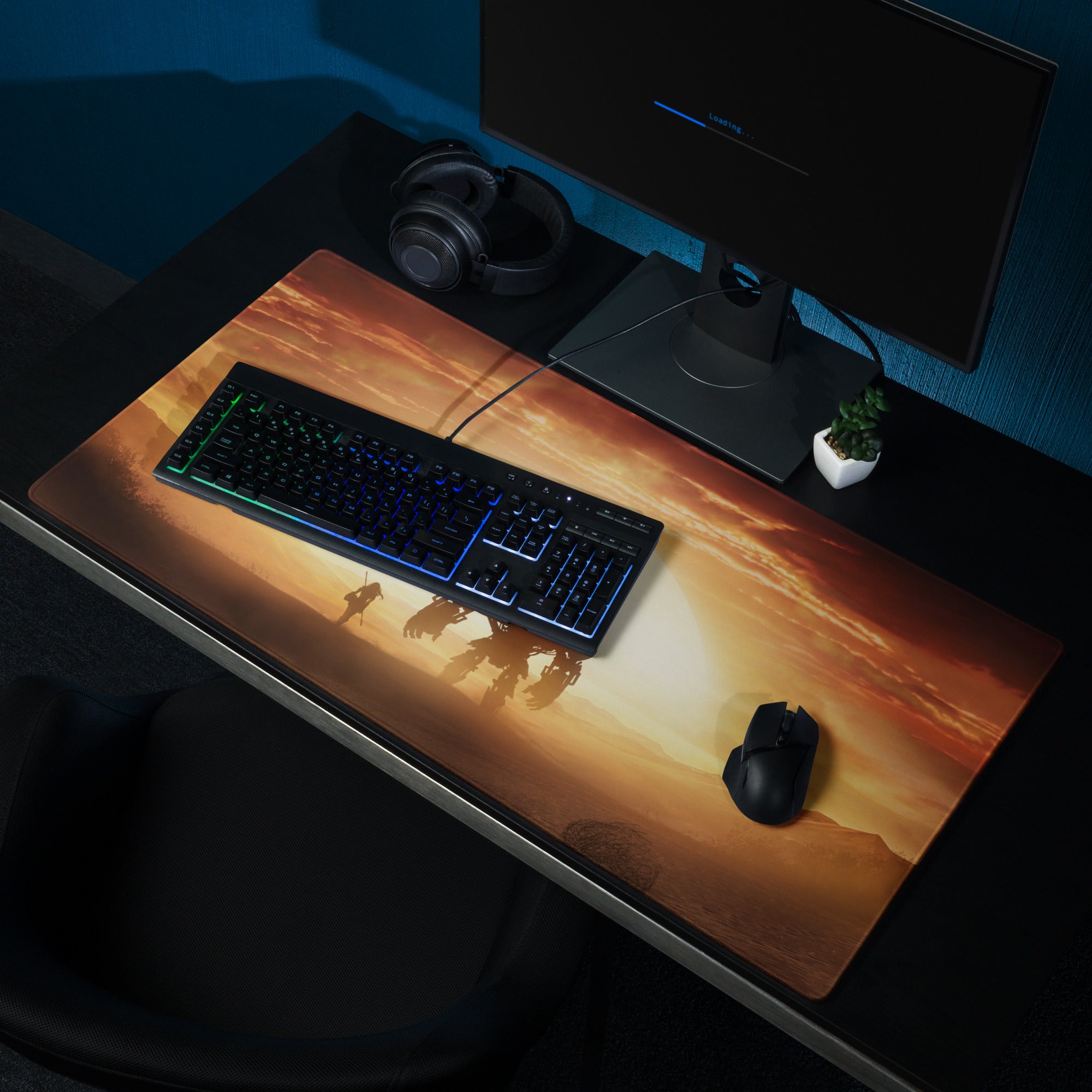 Desert Sunset Mecha Gaming Mouse Pad In Warm Orange Browns For Desktop Setup Cinematic Sci Fi Style
