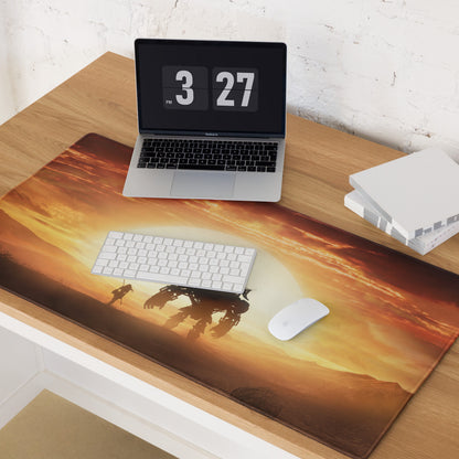 Desert Sunset Mecha Gaming Mouse Pad In Warm Orange Browns For Desktop Setup Cinematic Sci Fi Style