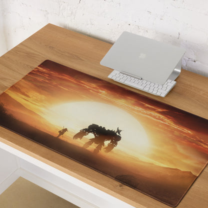 Desert Sunset Mecha Gaming Mouse Pad In Warm Orange Browns For Desktop Setup Cinematic Sci Fi Style