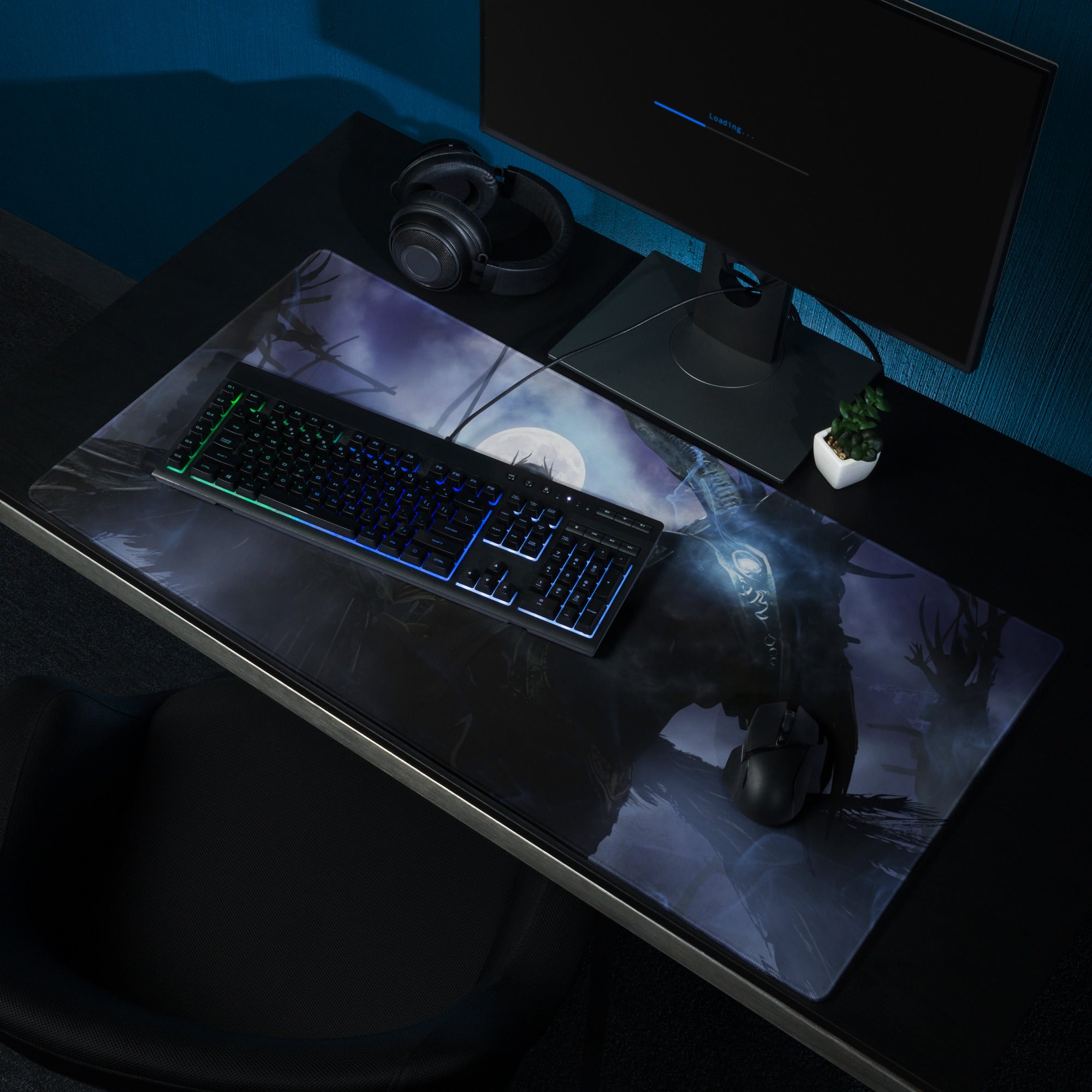 Fantasy Battle Theme Gaming Mouse Pad In Deep Blue And Purple For Desktop Setup Immersive Cinematic Digital Art Style