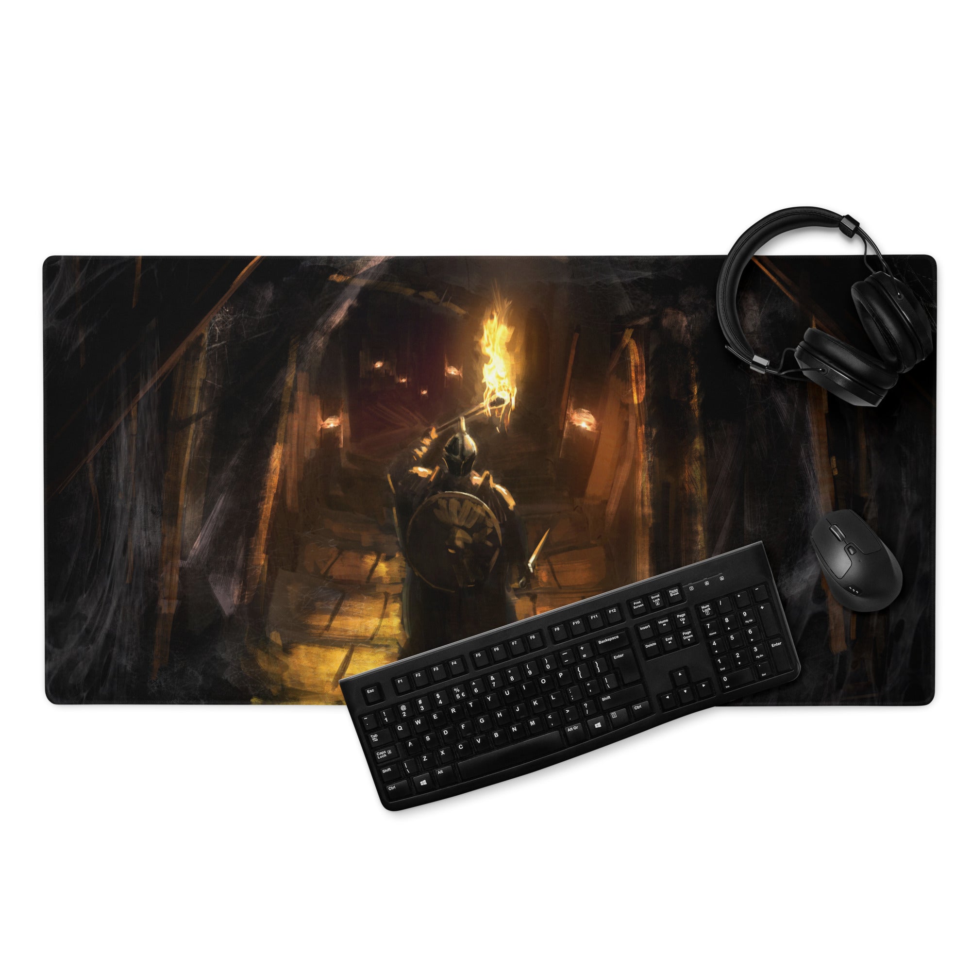 Dark Knight Gamer Mouse Pad Orange Flame Digital Art for Desktop Setup and Pro Gaming Station