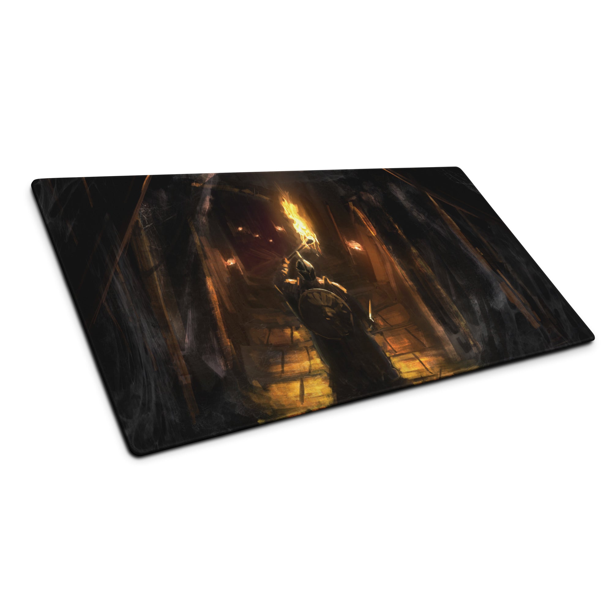 Dark Knight Gamer Mouse Pad Orange Flame Digital Art for Desktop Setup and Pro Gaming Station
