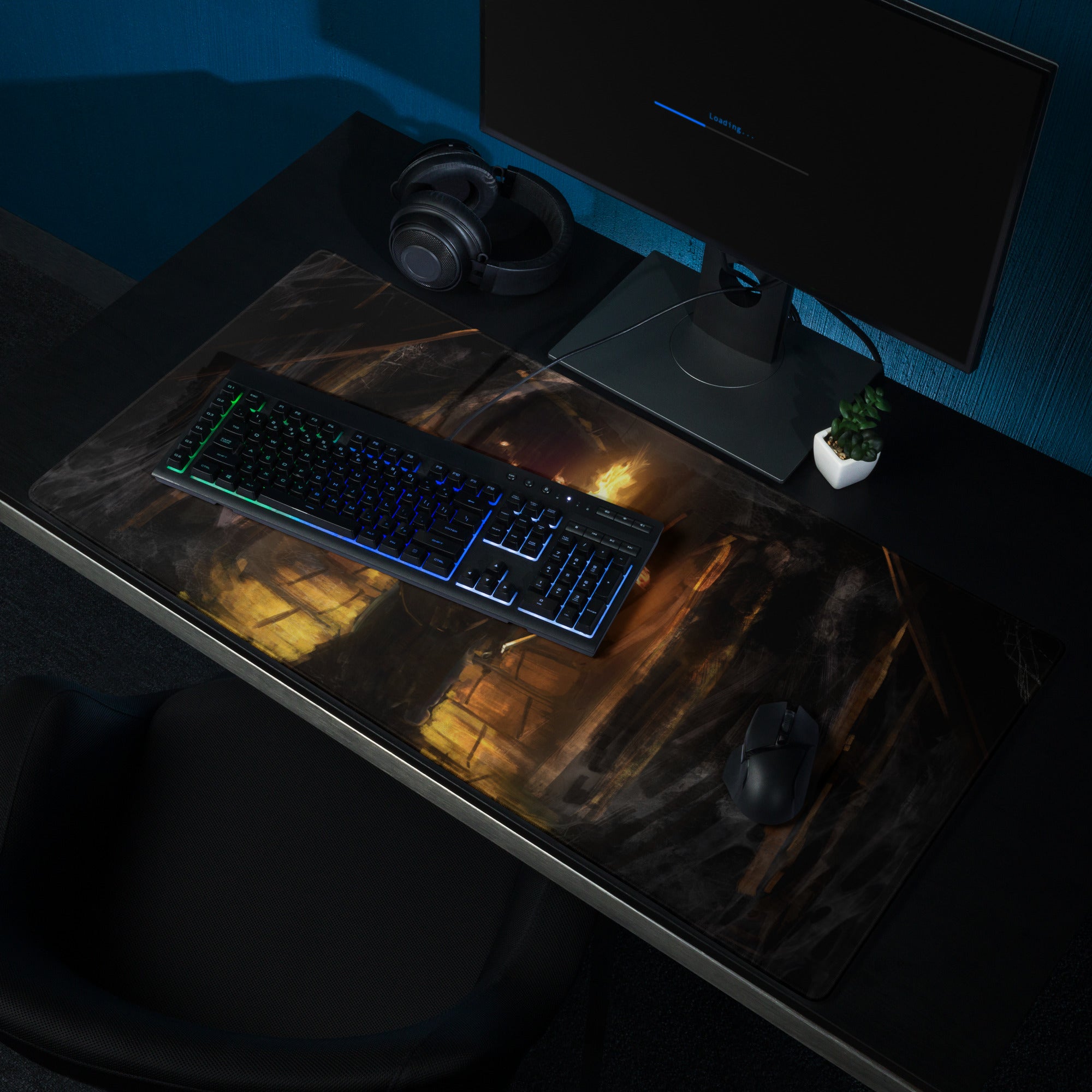 Dark Knight Gamer Mouse Pad Orange Flame Digital Art for Desktop Setup and Pro Gaming Station