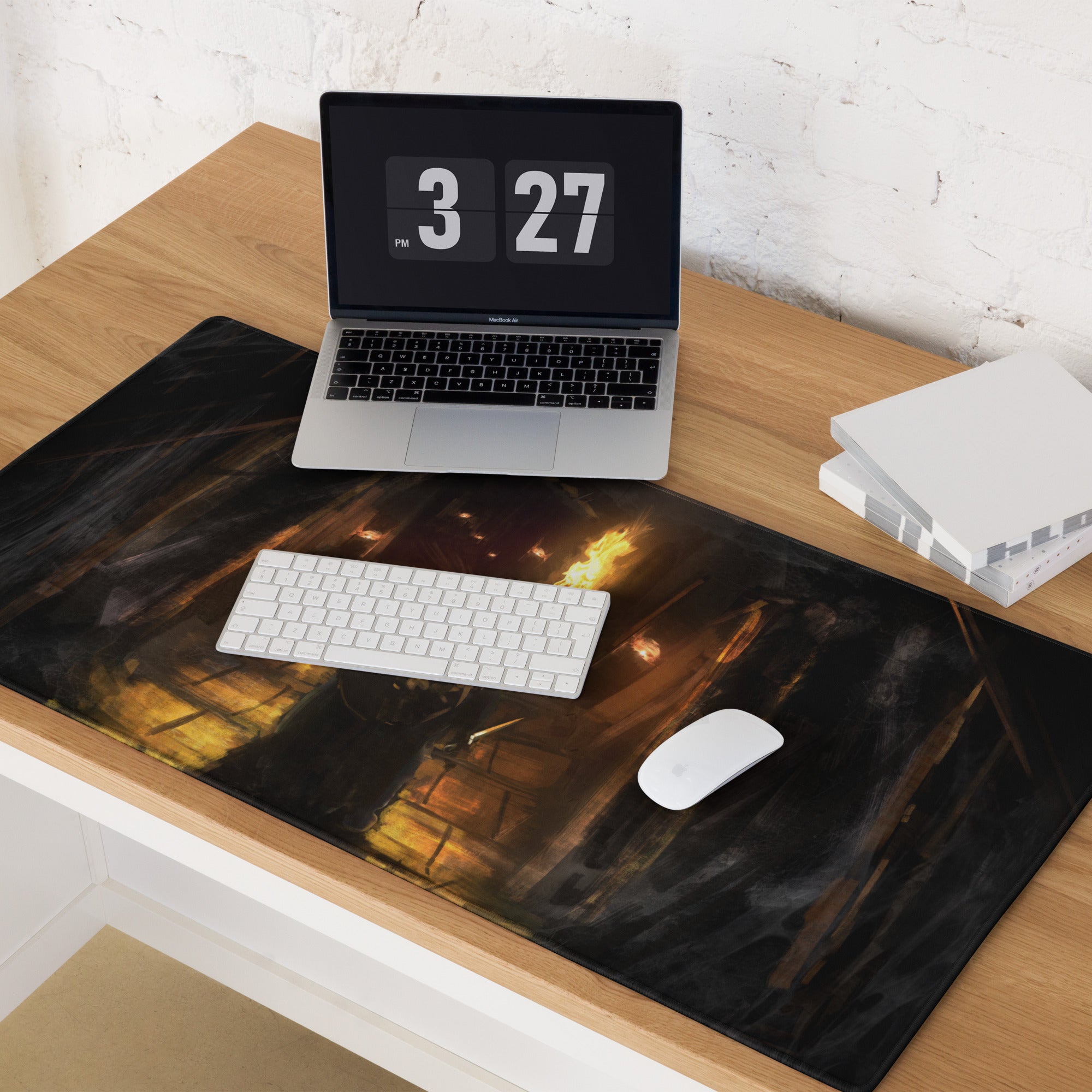 Dark Knight Gamer Mouse Pad Orange Flame Digital Art for Desktop Setup and Pro Gaming Station