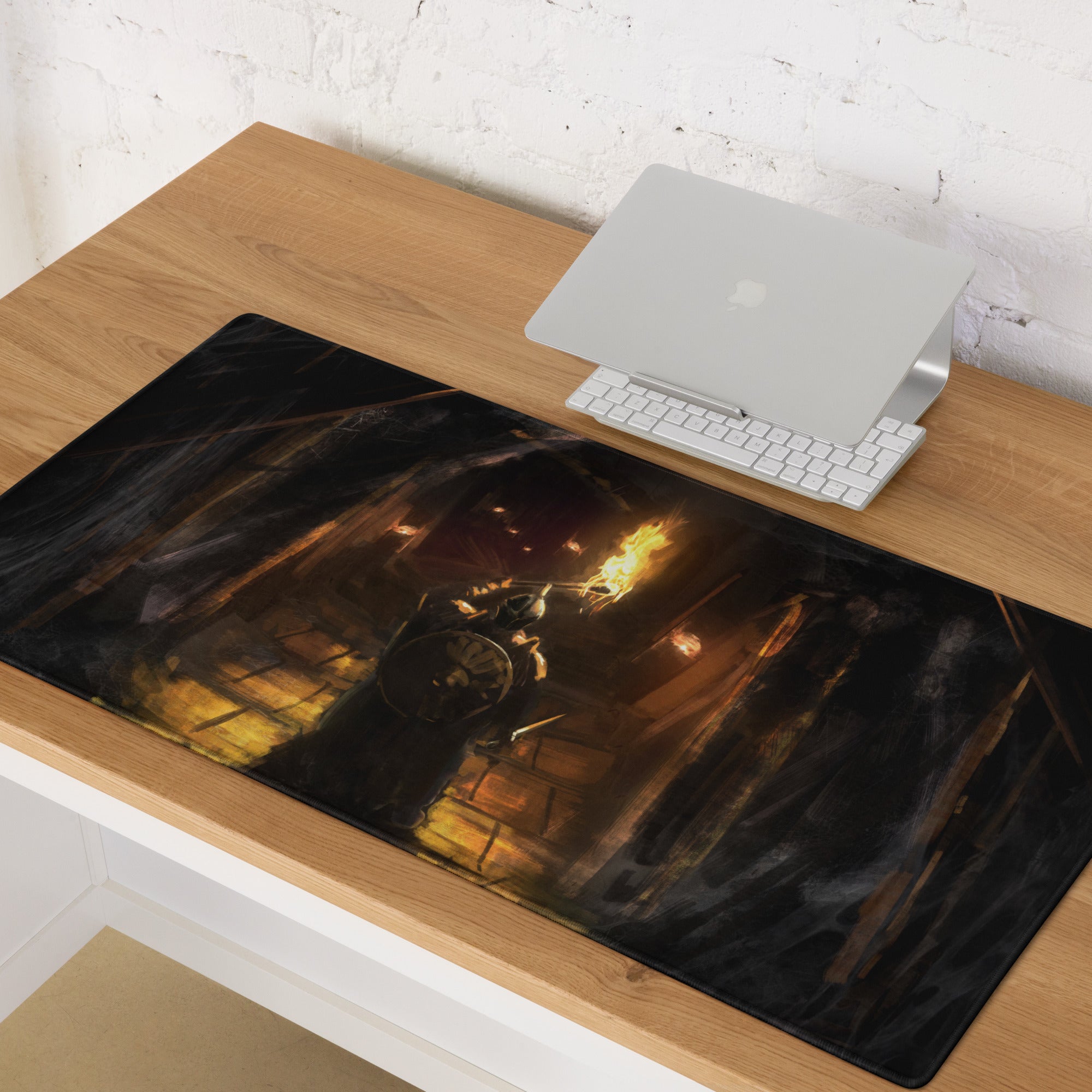 Dark Knight Gamer Mouse Pad Orange Flame Digital Art for Desktop Setup and Pro Gaming Station