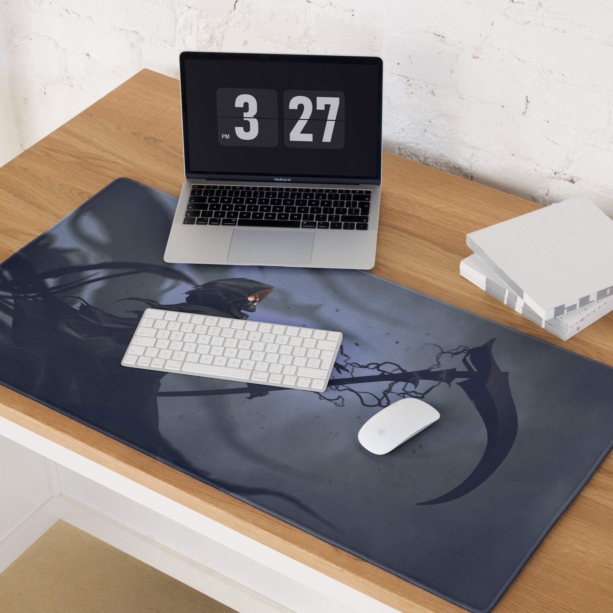 Dark blue gaming mousepad featuring detailed digital art of a grim reaper with glowing orange eyes and scythe