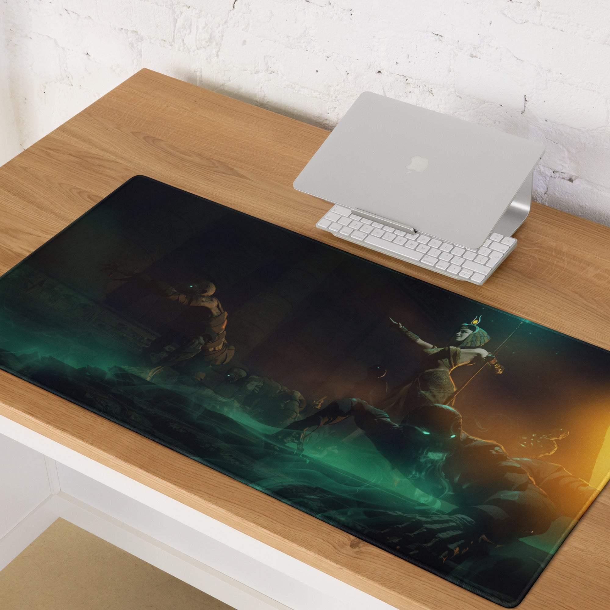 A sleek rectangular gaming mousepad with a dark fantasy armored battle scene in glowing teal and orange hues