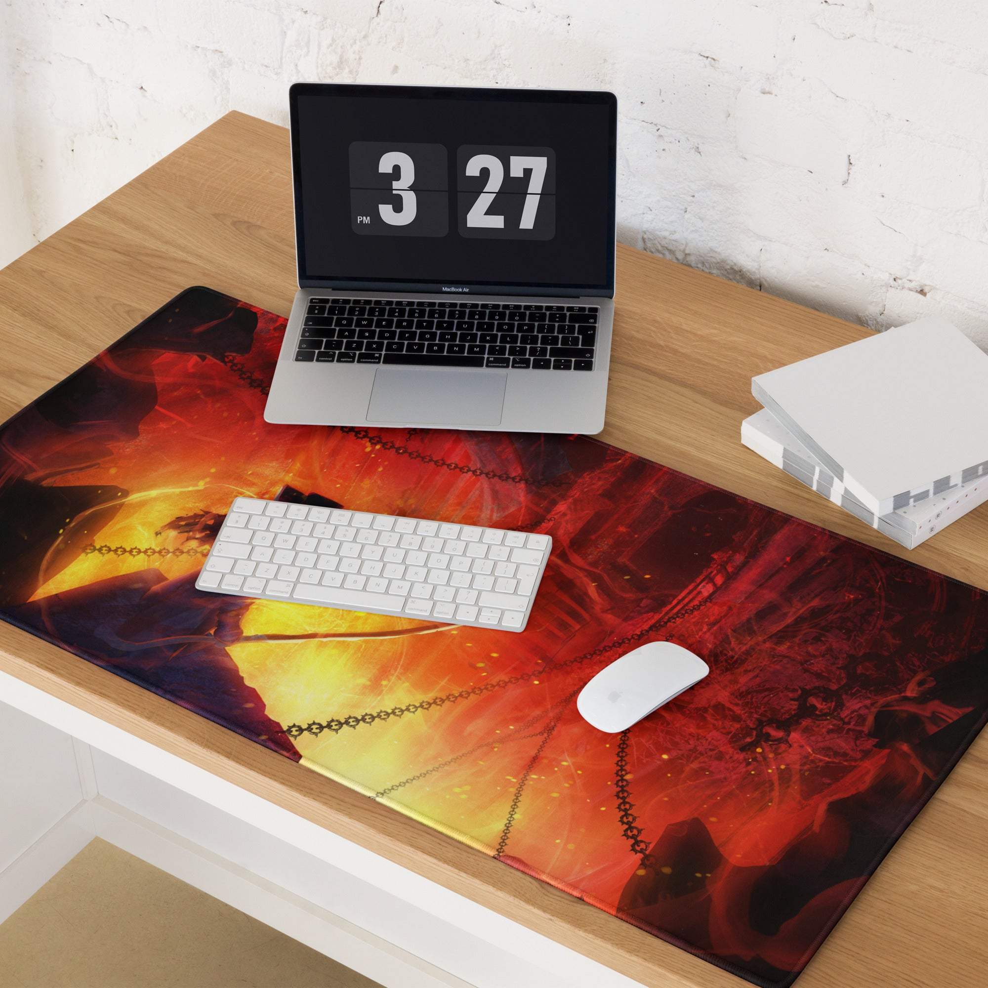 Fiery lava gaming mouse pad with vibrant red orange fiery design and chain motifs non slip digital print mat