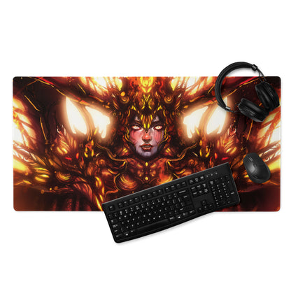 Fiery Demon Goddess Gaming Mouse Pad Large Orange Red Black Desk Setup Fantasy Art For Esports Setup Digital Artwork