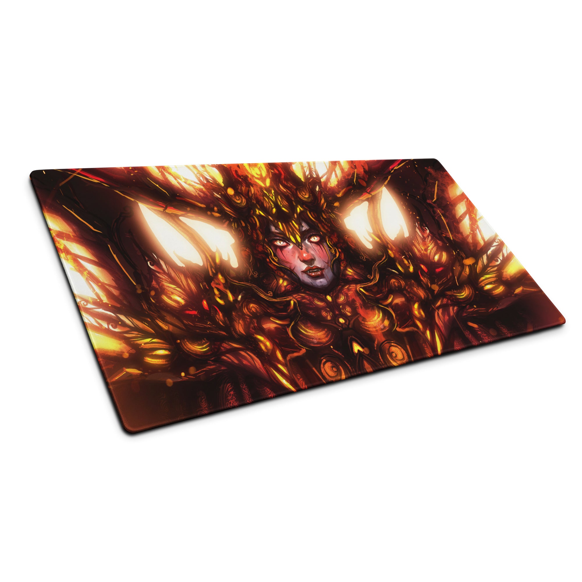Fiery Demon Goddess Gaming Mouse Pad Large Orange Red Black Desk Setup Fantasy Art For Esports Setup Digital Artwork