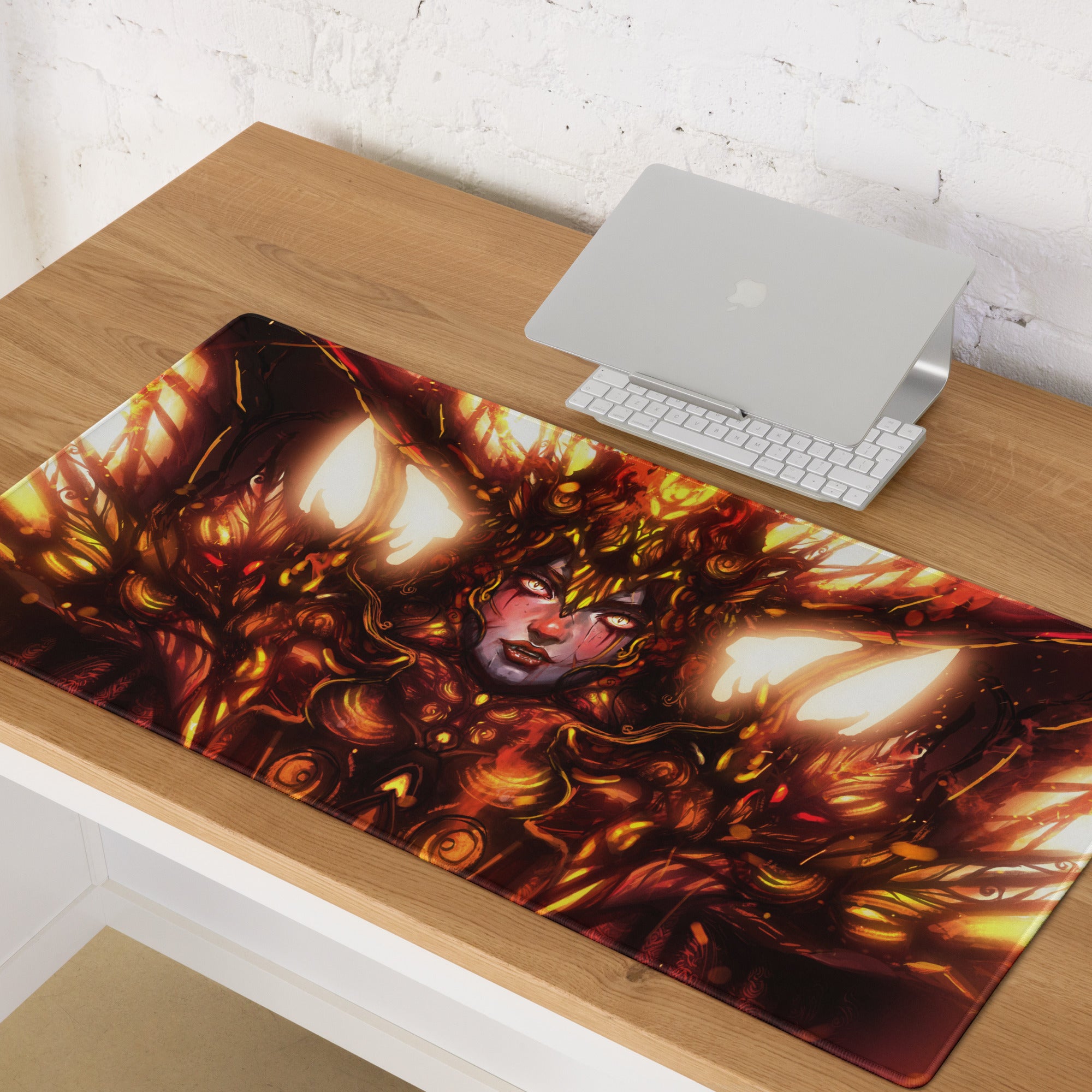 Fiery Demon Goddess Gaming Mouse Pad Large Orange Red Black Desk Setup Fantasy Art For Esports Setup Digital Artwork