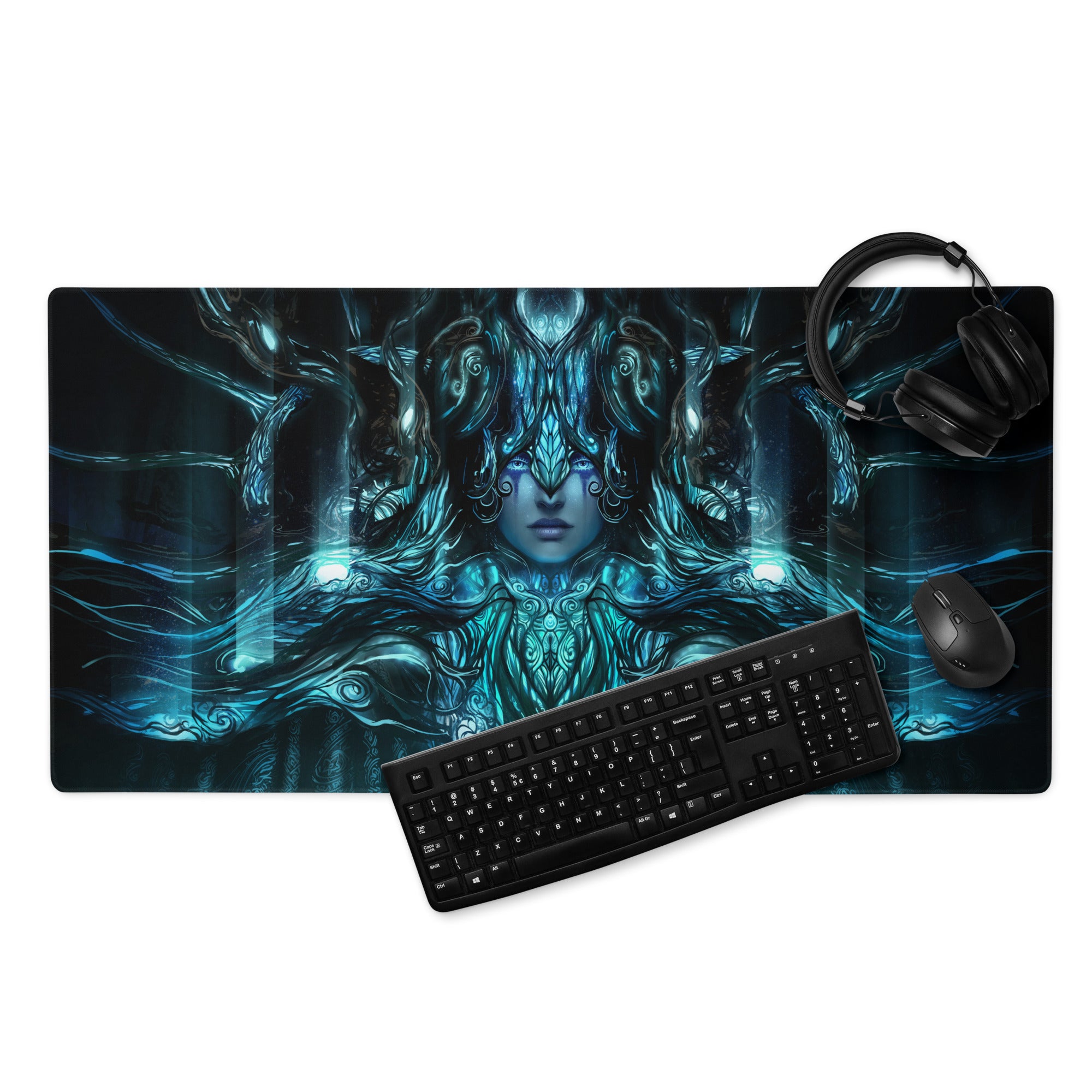 Blue Teal Mystic Fantasy Digital Art Gaming Mouse Pad For PC Setup Large Non Slip Edge Stitch Desk Mat