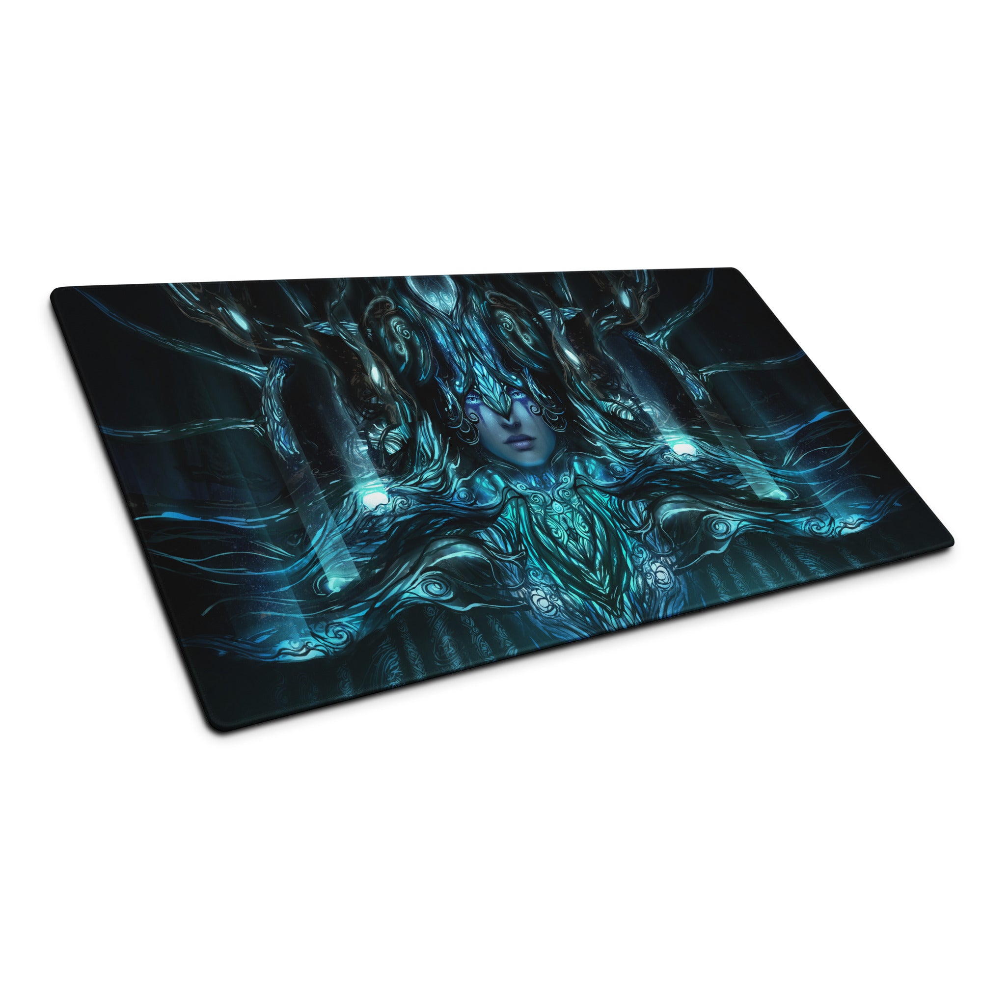 Blue Teal Mystic Fantasy Digital Art Gaming Mouse Pad For PC Setup Large Non Slip Edge Stitch Desk Mat