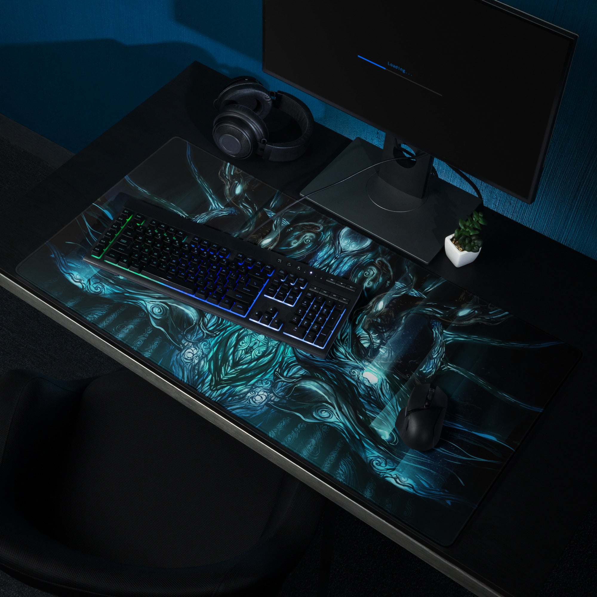 Blue Teal Mystic Fantasy Digital Art Gaming Mouse Pad For PC Setup Large Non Slip Edge Stitch Desk Mat