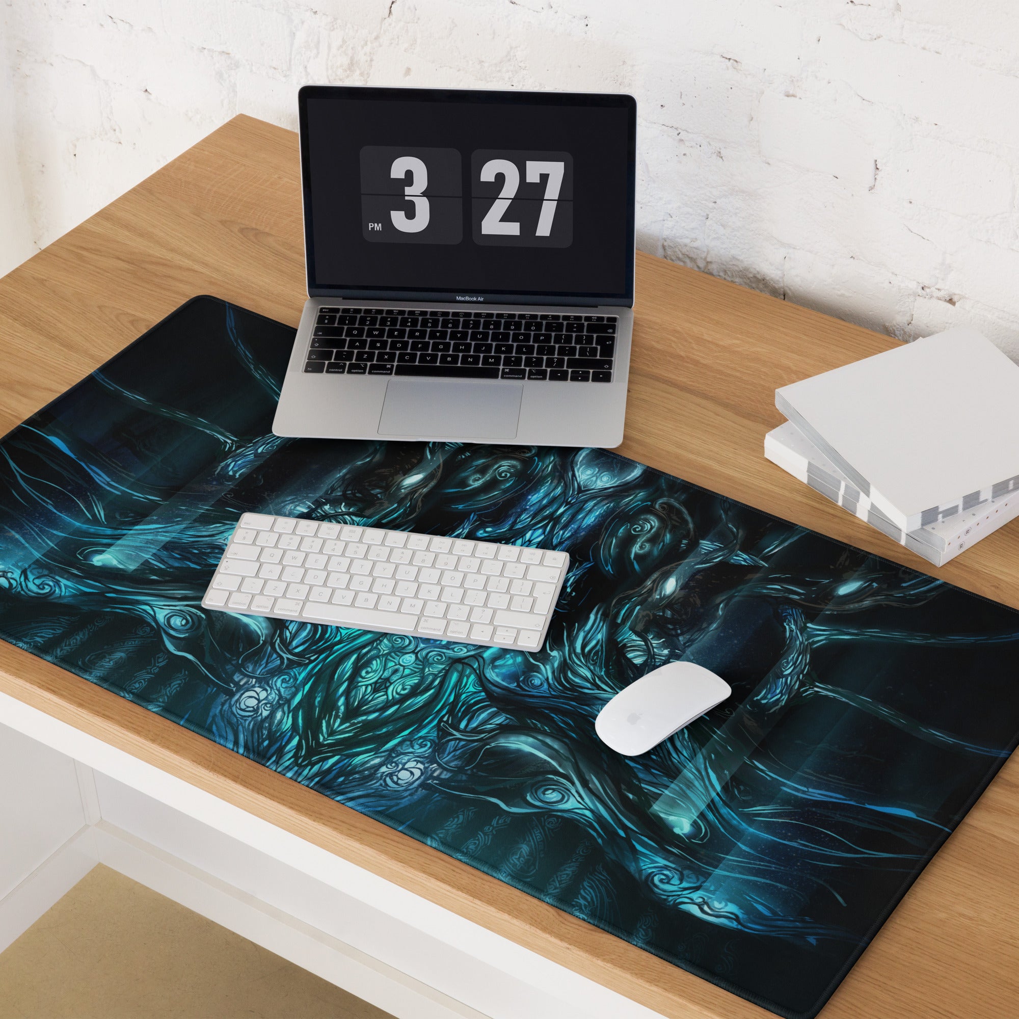 Blue Teal Mystic Fantasy Digital Art Gaming Mouse Pad For PC Setup Large Non Slip Edge Stitch Desk Mat