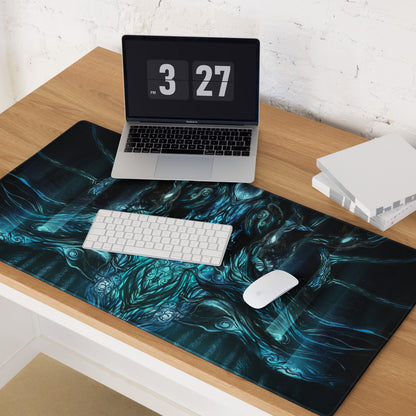 Blue Teal Mystic Fantasy Digital Art Gaming Mouse Pad For PC Setup Large Non Slip Edge Stitch Desk Mat