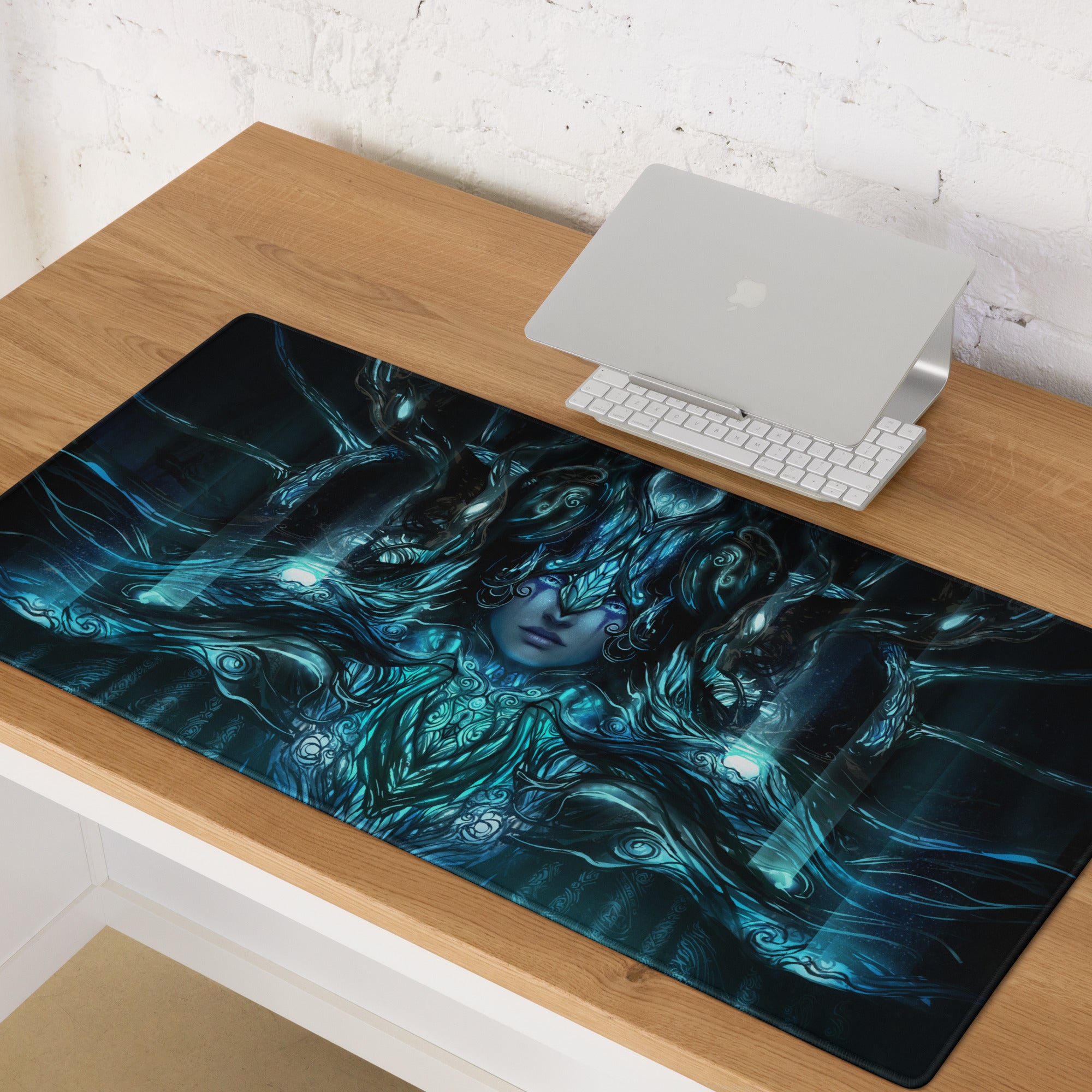 Blue Teal Mystic Fantasy Digital Art Gaming Mouse Pad For PC Setup Large Non Slip Edge Stitch Desk Mat