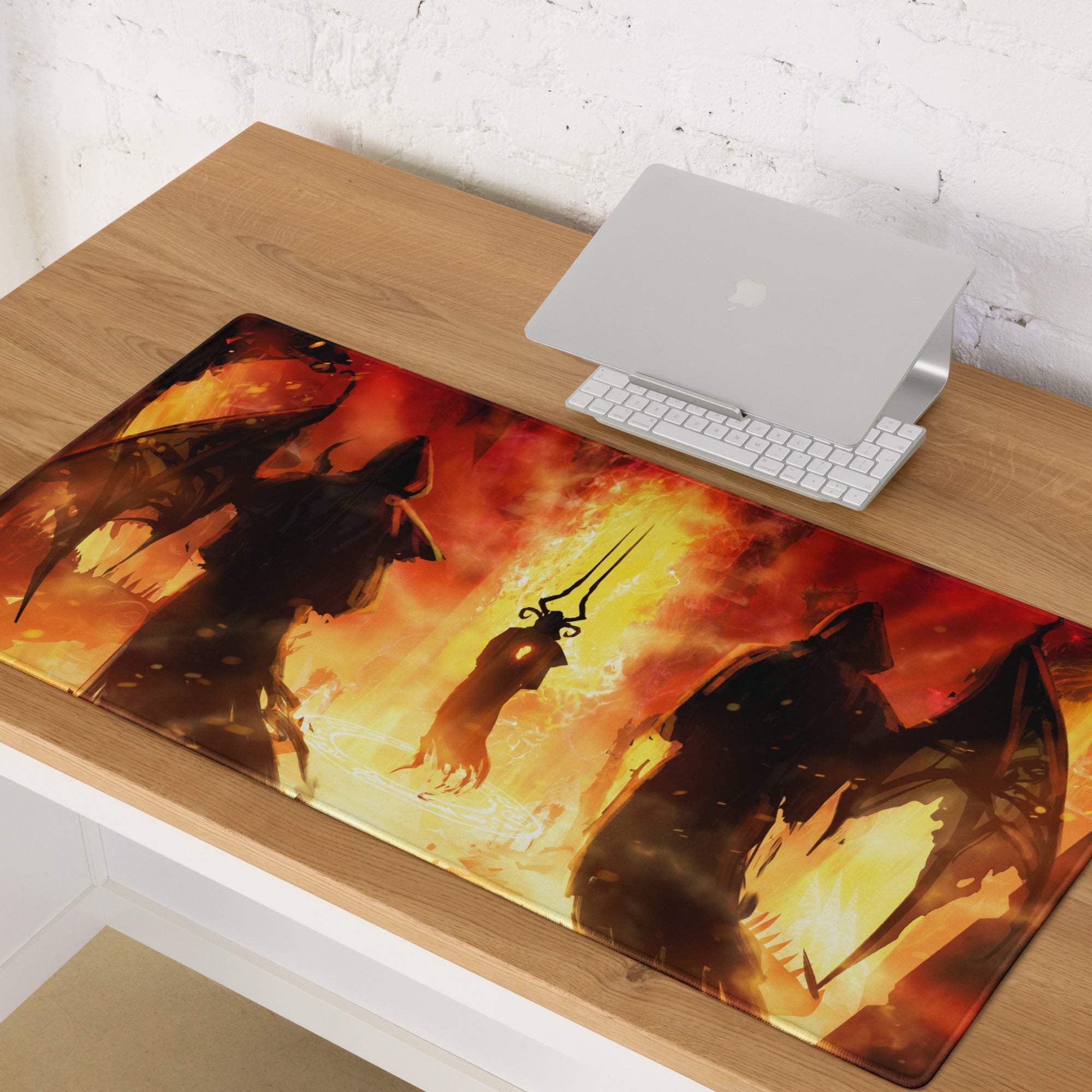 A rectangular gaming mousepad with fiery dark fantasy art featuring silhouetted figures and vibrant orange red flames
