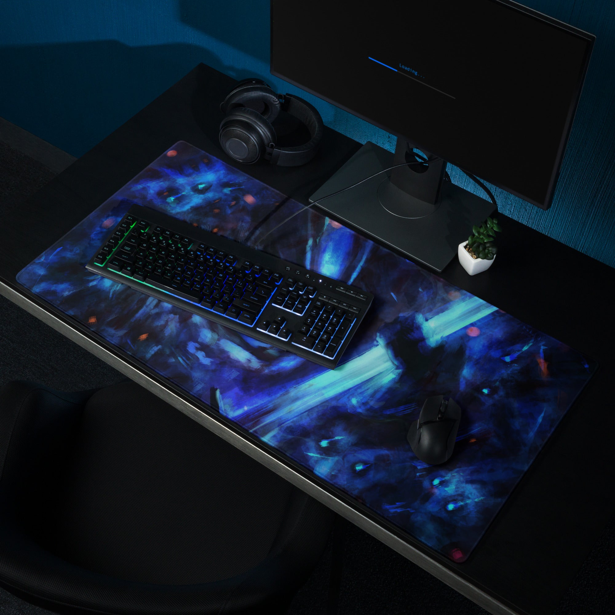 Blue Neon Gaming Mouse Pad For Desk Setup Large Extended Abstract Cyberpunk Digital Art Style