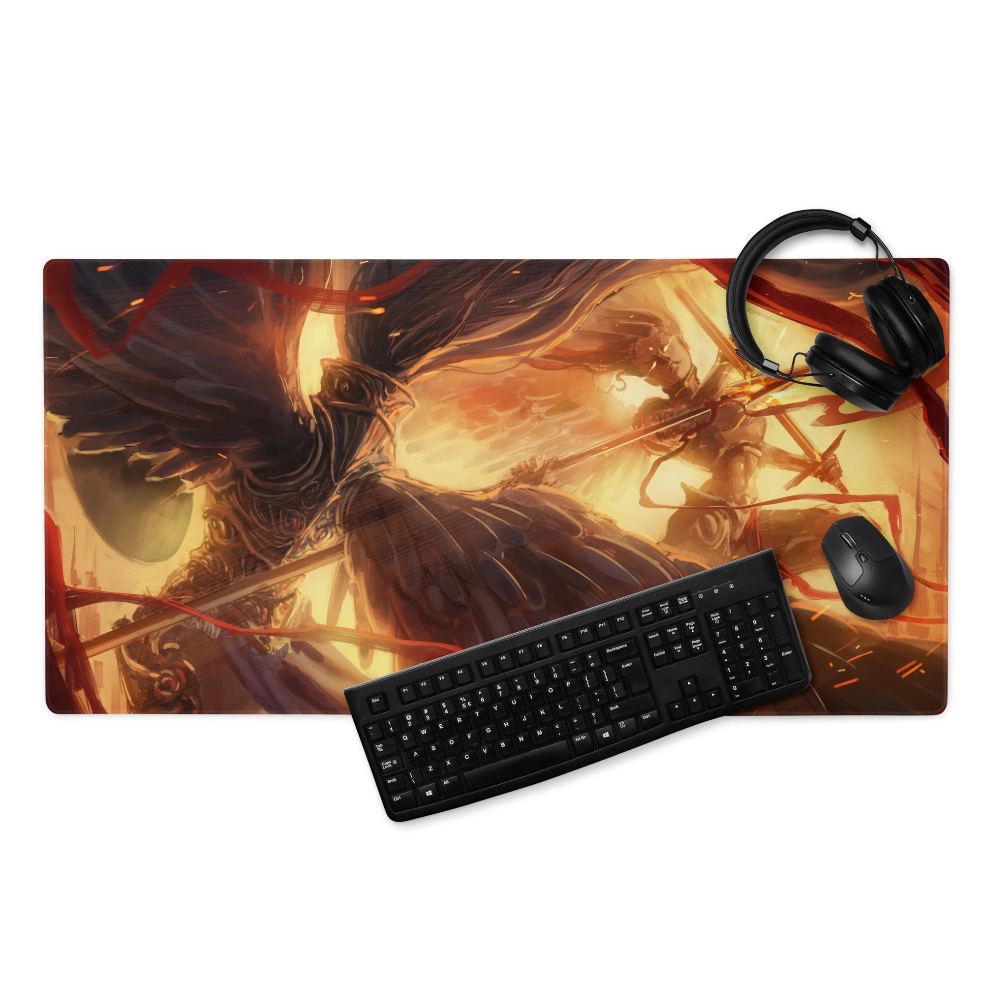 Gaming Mouse Pad Red Orange Black Large Non Slip Edge Stitching For CSGO Dota Setup Dynamic Fiery Warrior Illustration