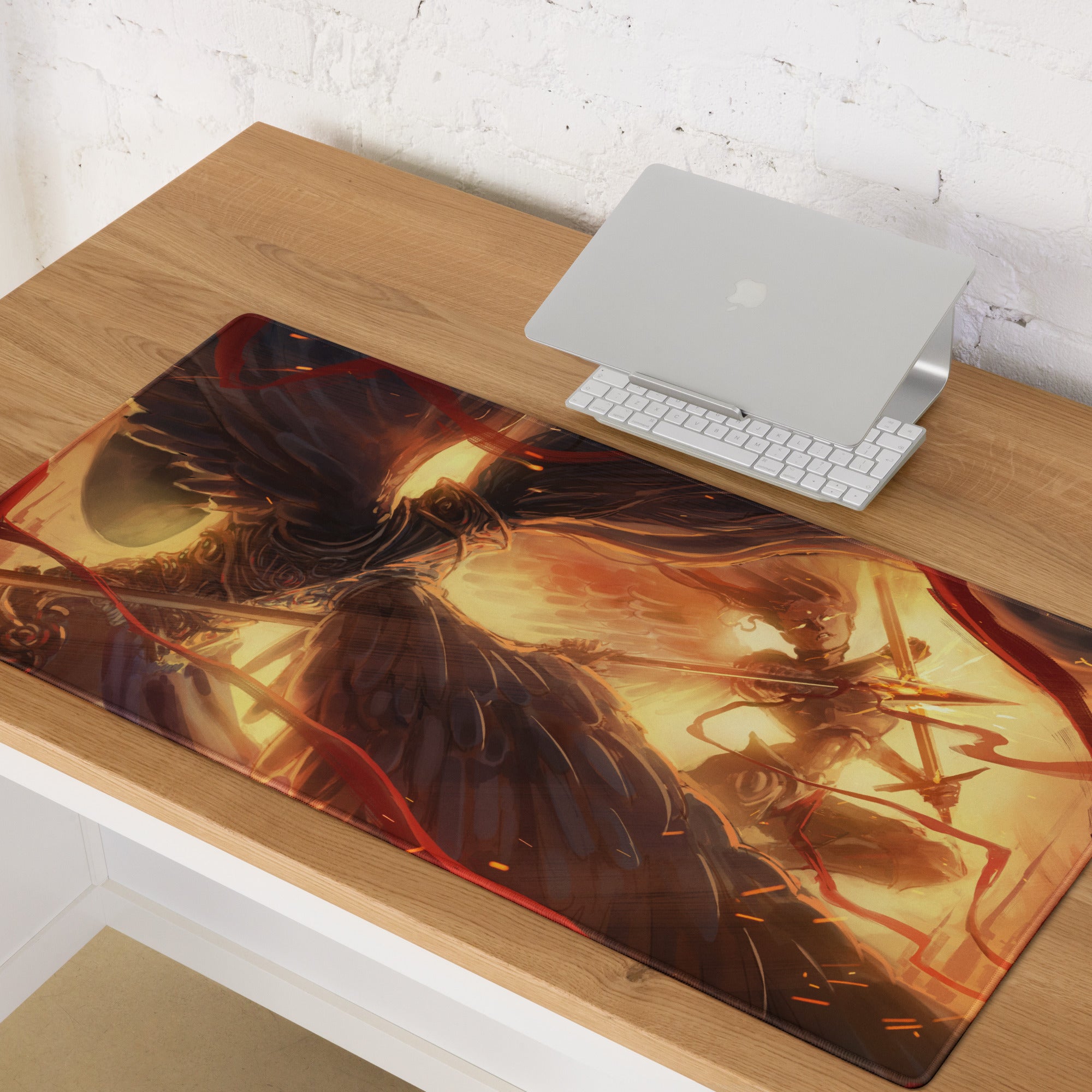Gaming Mouse Pad Red Orange Black Large Non Slip Edge Stitching For CSGO Dota Setup Dynamic Fiery Warrior Illustration