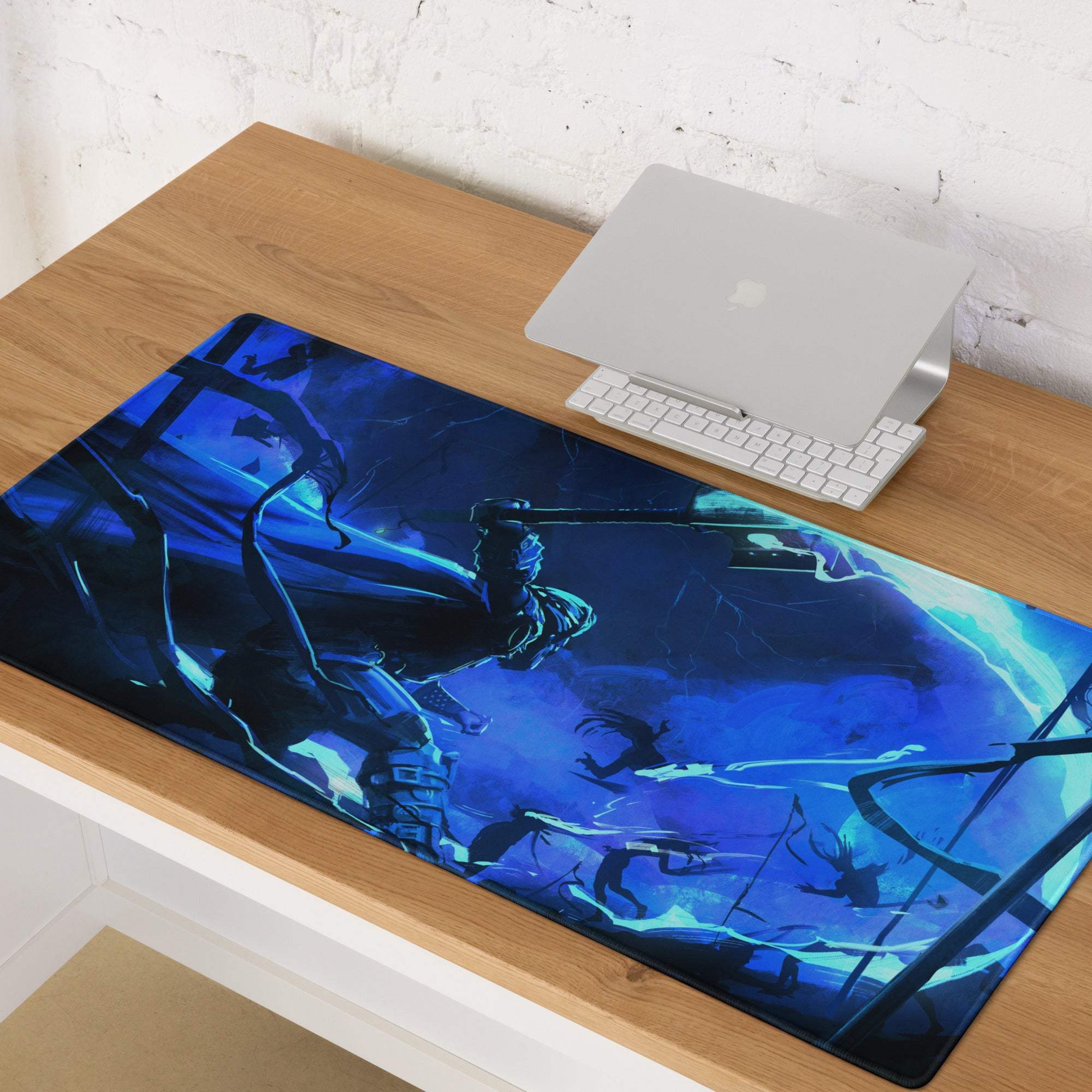 Blue neon battle scene gaming mouse pad with dynamic armored figures on glowing blue and teal cyberpunk backdrop