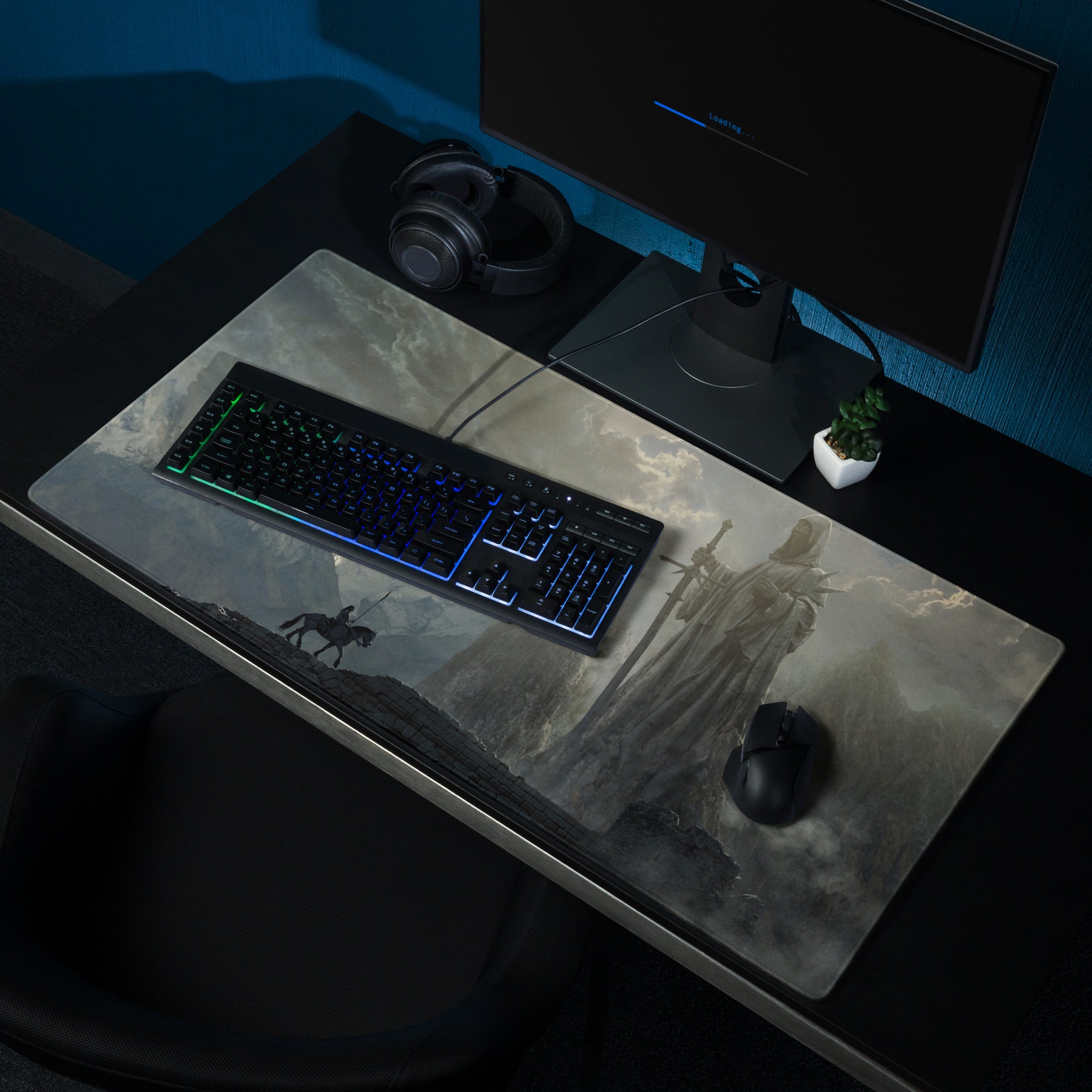 Dark Blue Gray Fantasy Themed Gaming Mouse Pad Large Non Slip Edge Stitch for Dota CSGO